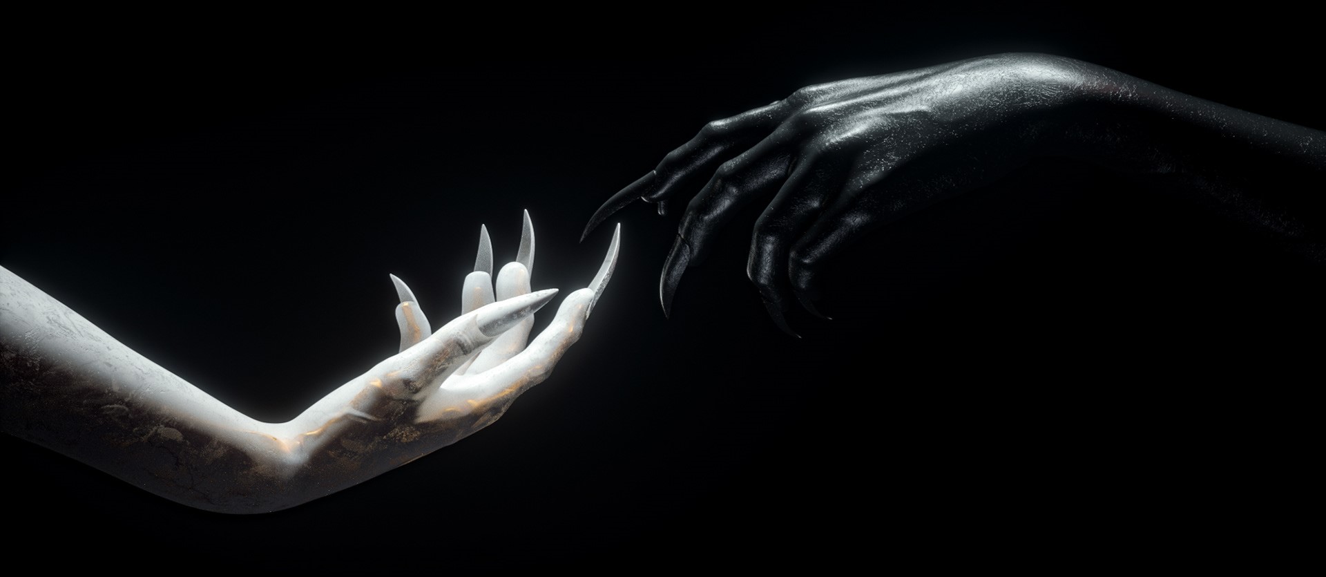 Two hands with long nails reaching towards each other HD Wallpaper