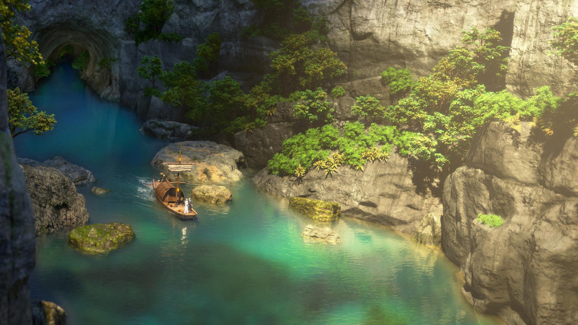 Lady White Snake on a boat in a river gorge HD Wallpaper