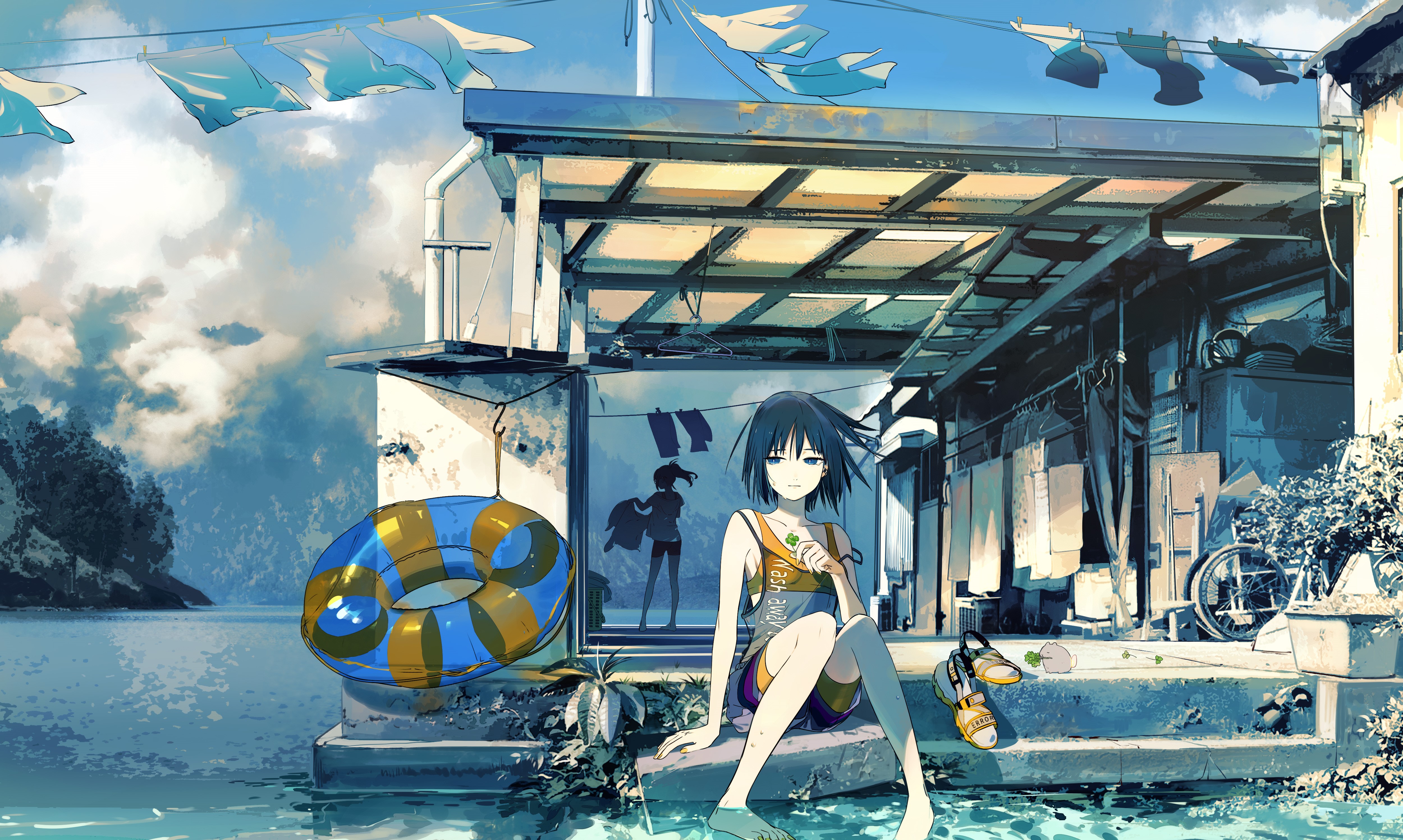 Anime girl sitting by the water with laundry drying HD Wallpaper