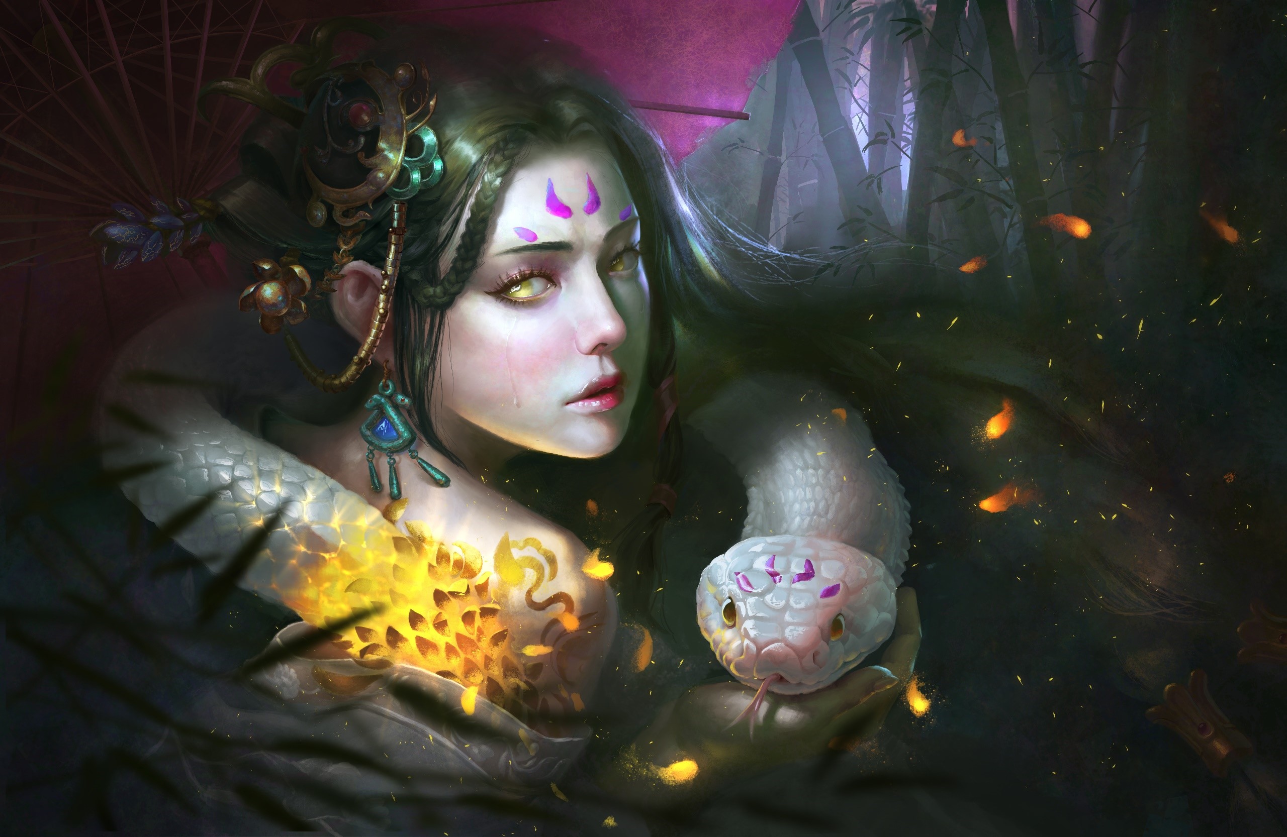 Fantasy girl with snake and glowing markings HD Wallpaper