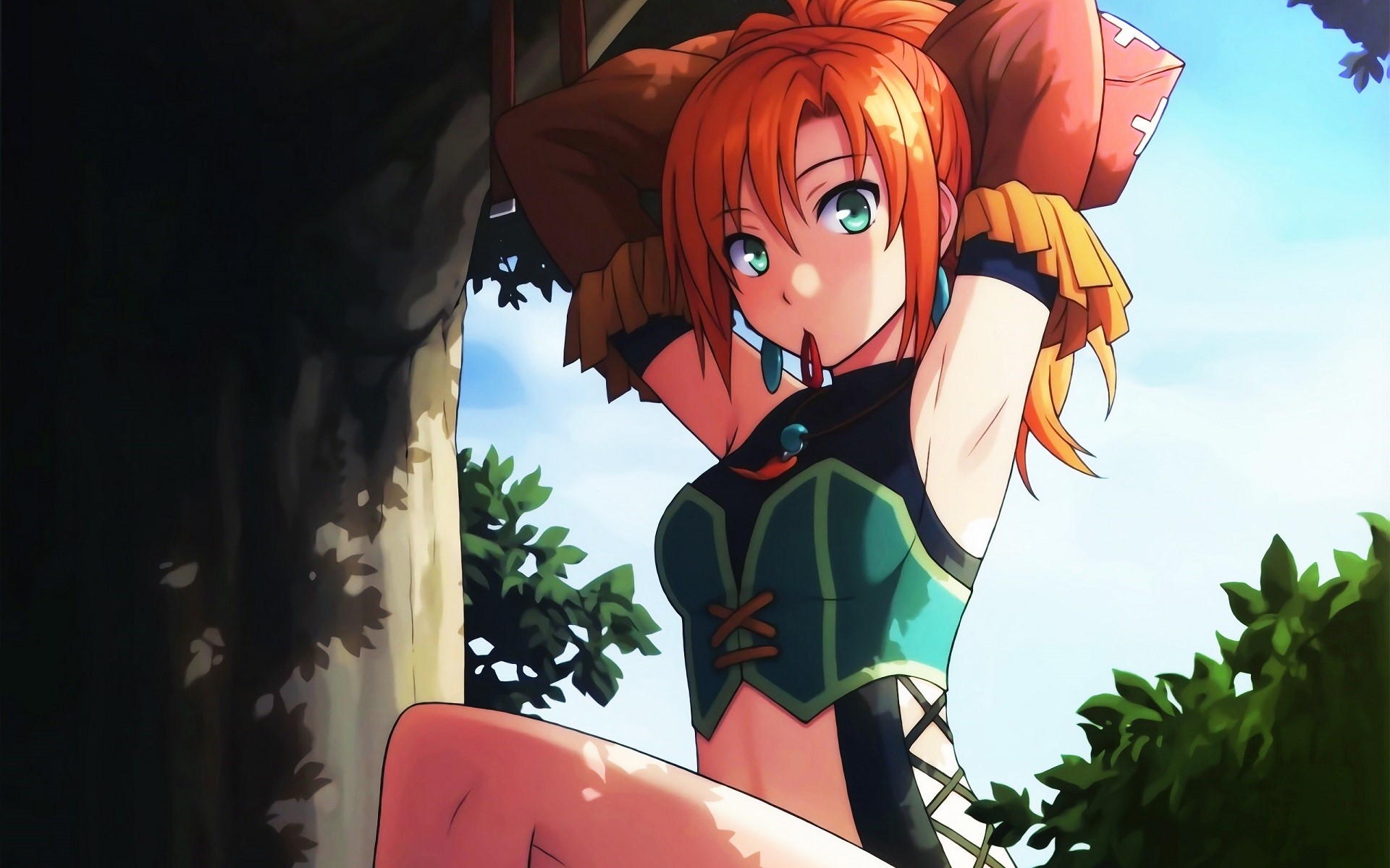 Anime girl with orange hair and blue eyes HD Wallpaper