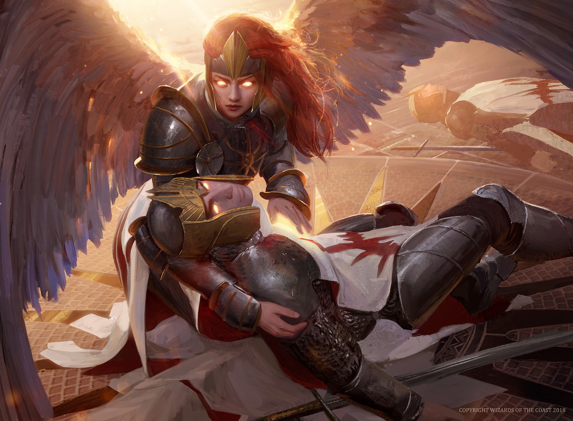 Angel tending to a wounded knight in armor HD Wallpaper