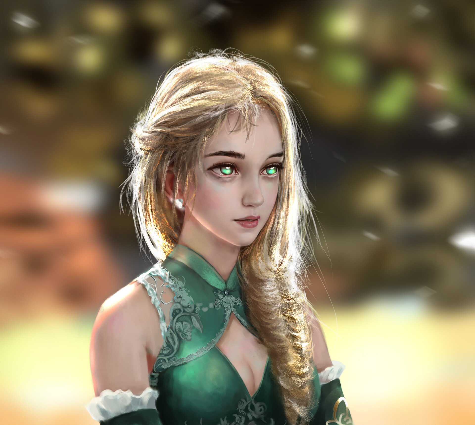 Fantasy art of a blonde woman with green eyes HD Wallpaper