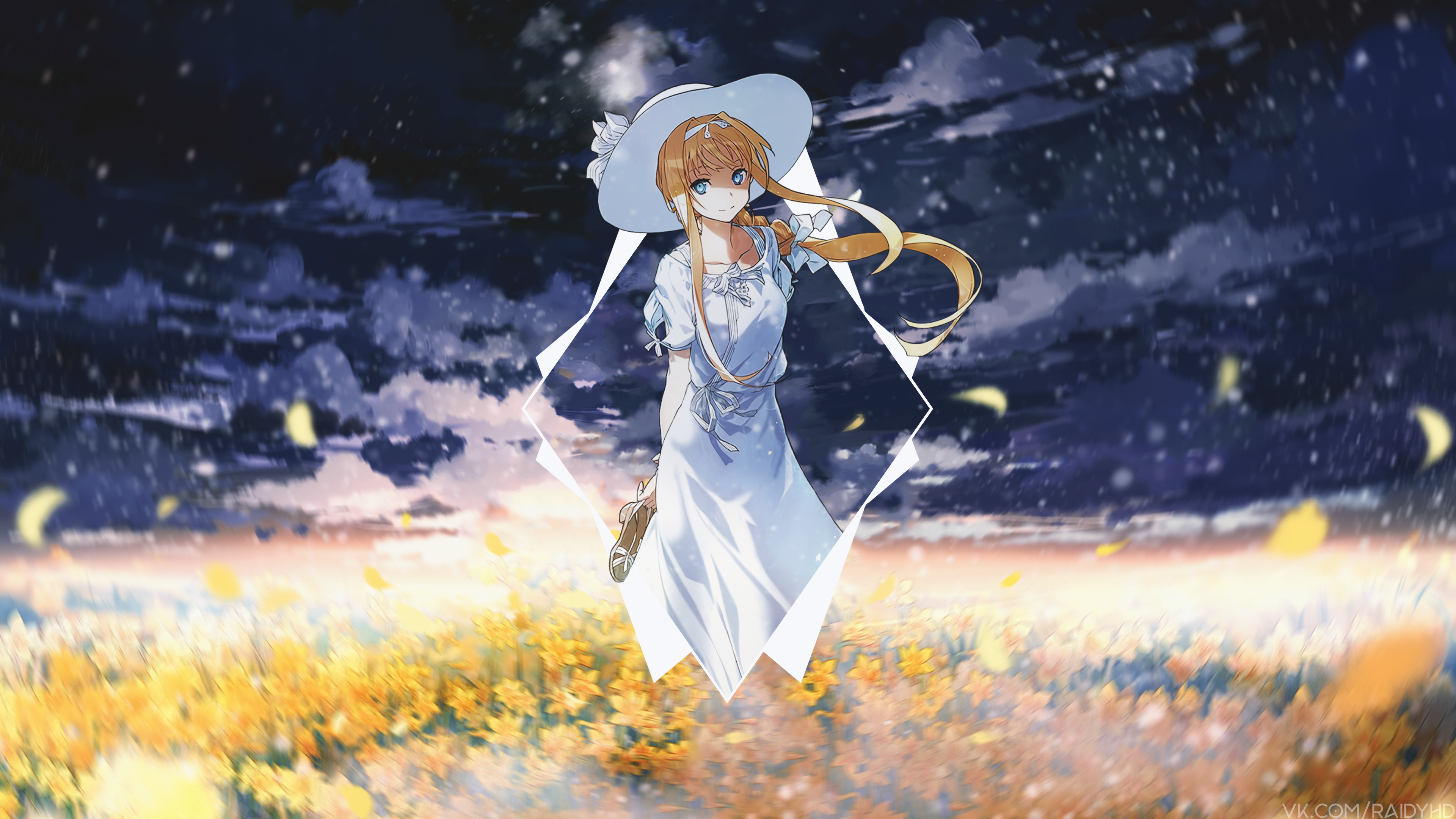 Anime girl in white dress and hat in field HD Wallpaper