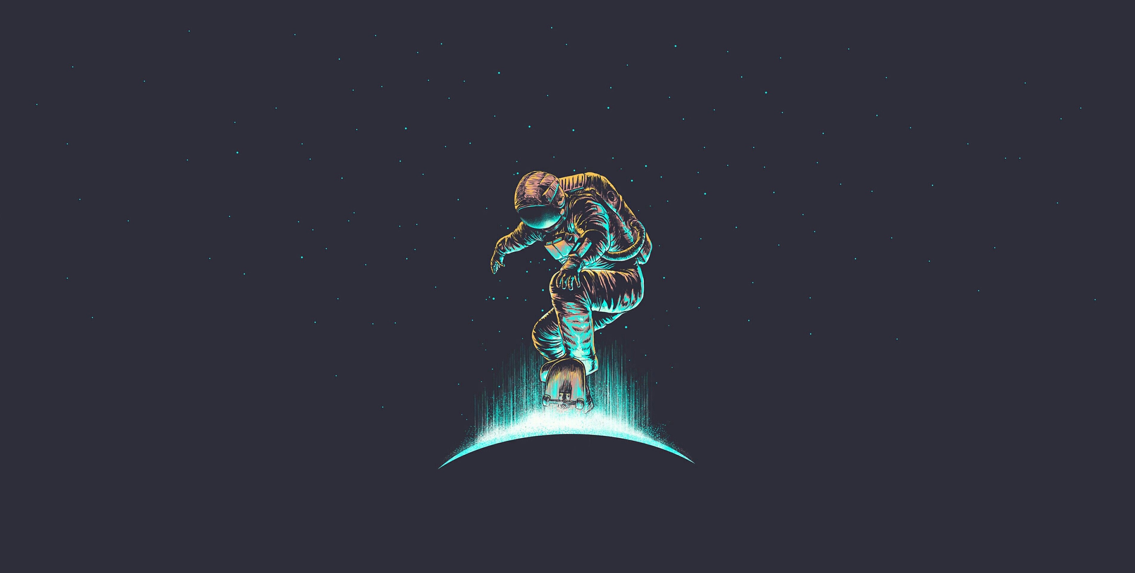 Astronaut snowboarding on a glowing planet HD Wallpaper