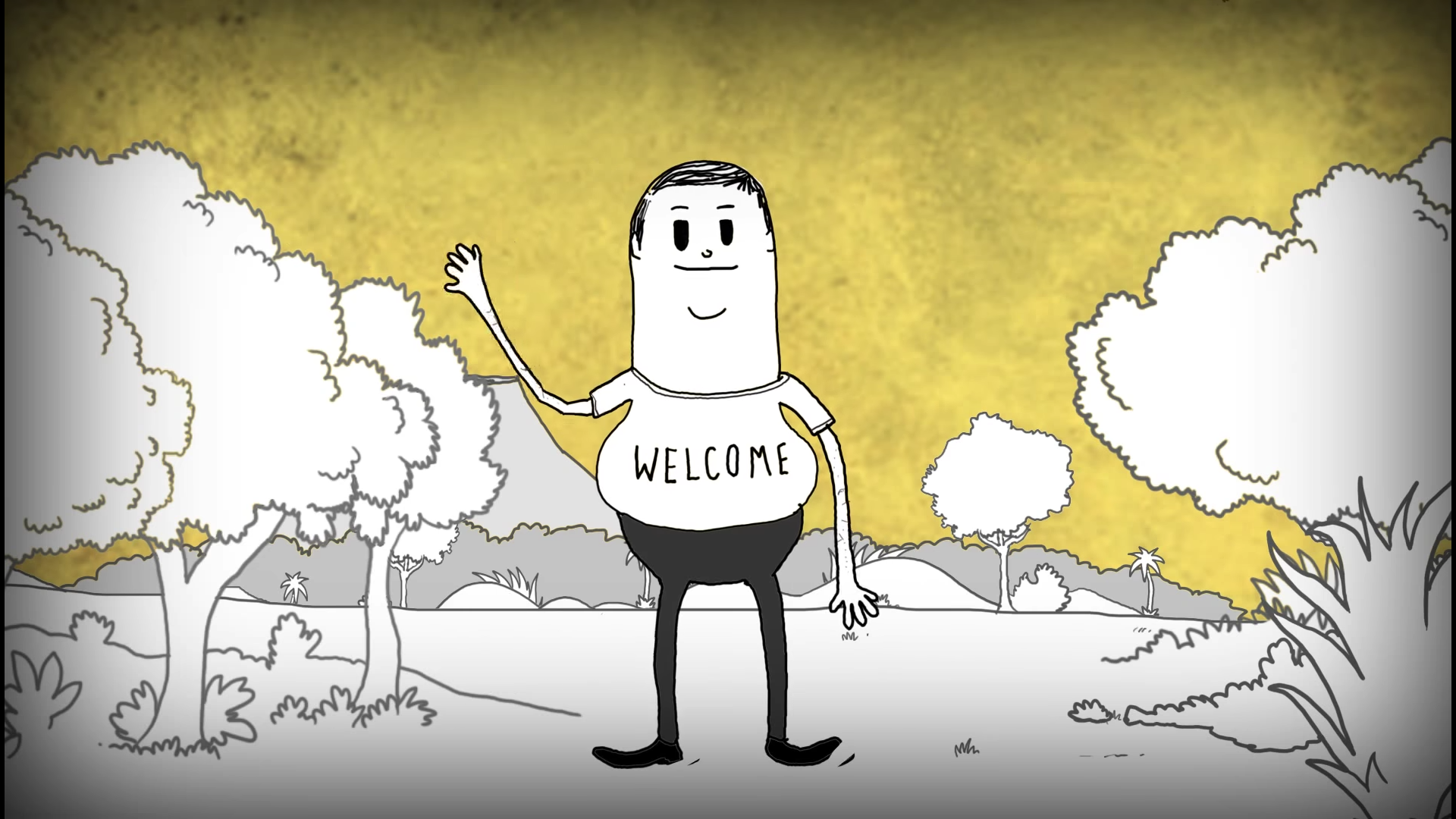 A simple cartoon character with "WELCOME" on its shirt waves HD Wallpaper