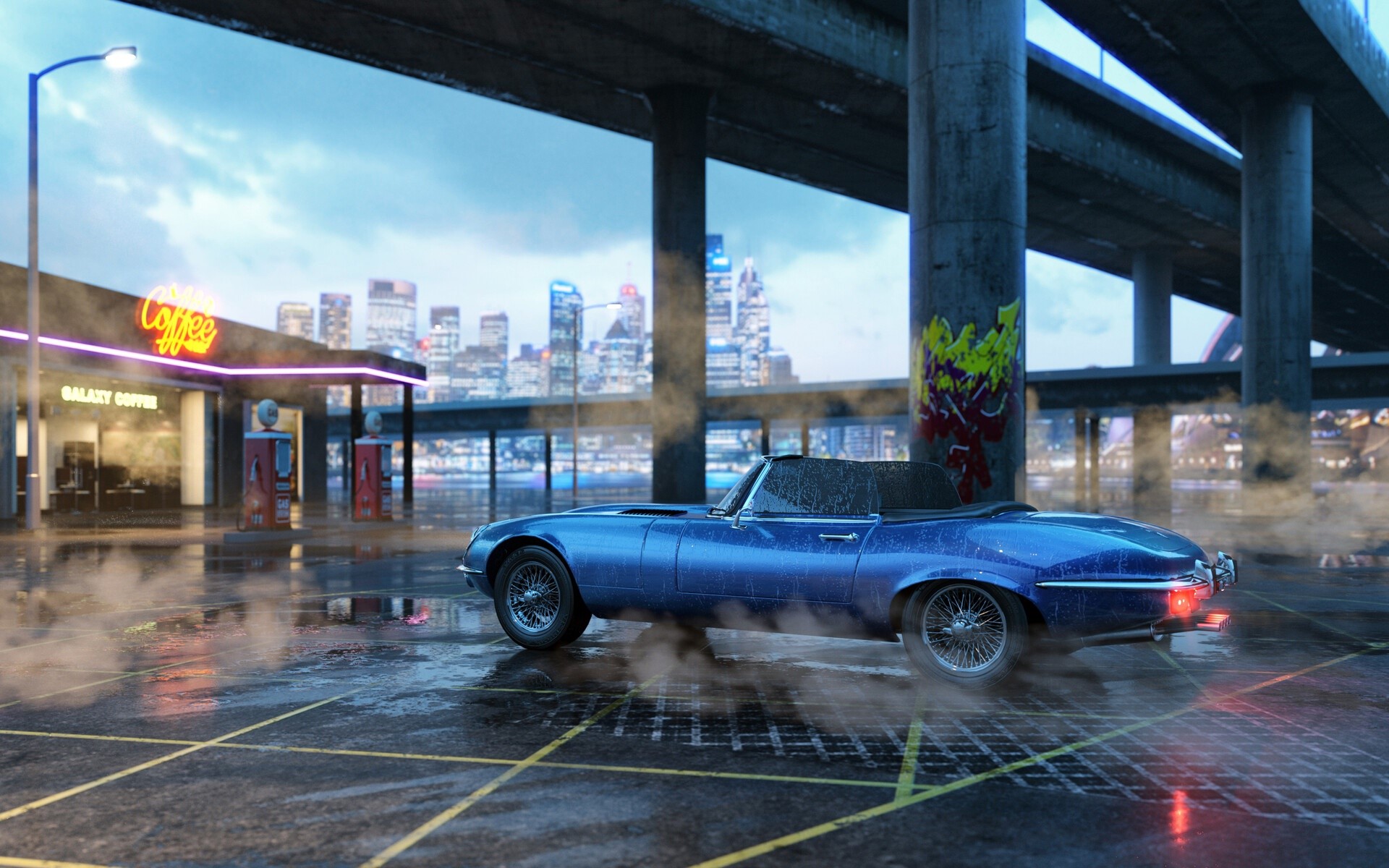 Blue convertible car parked at Galaxy Coffee at dusk HD Wallpaper
