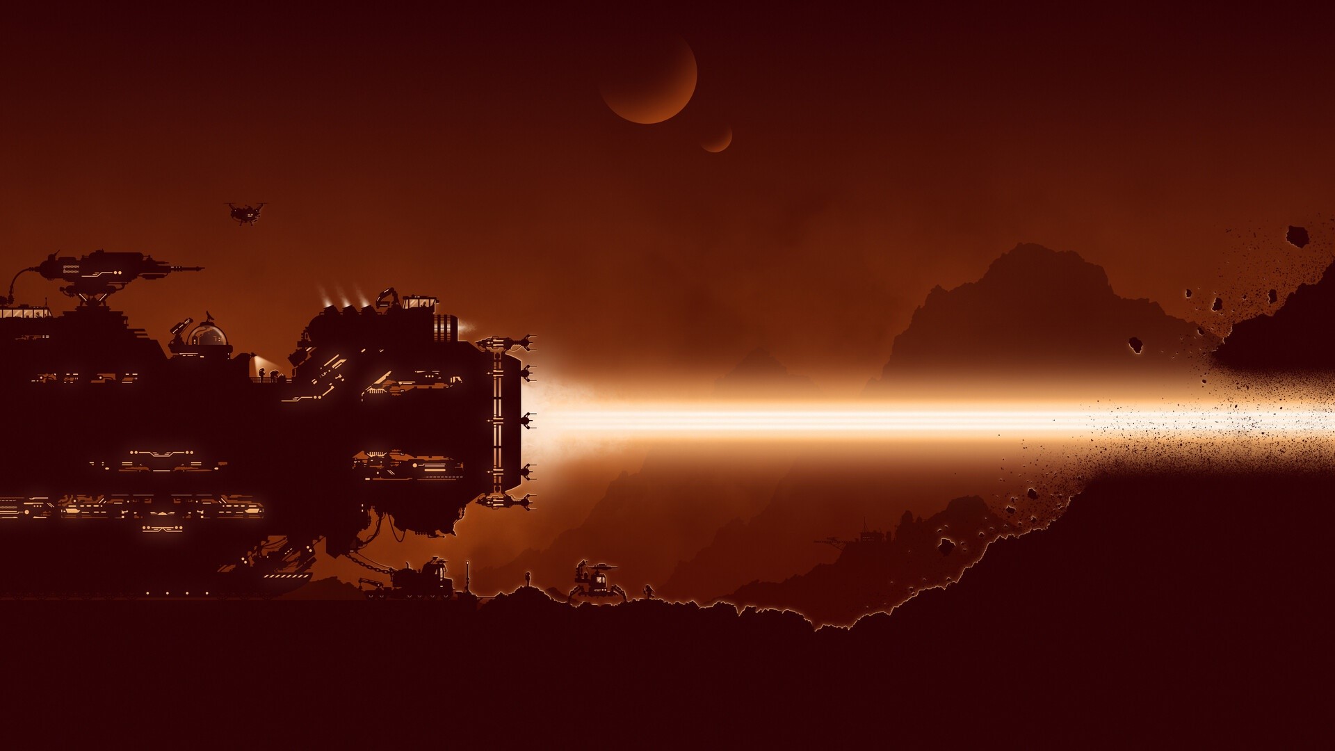 Science fiction artwork of a space station firing a laser HD Wallpaper