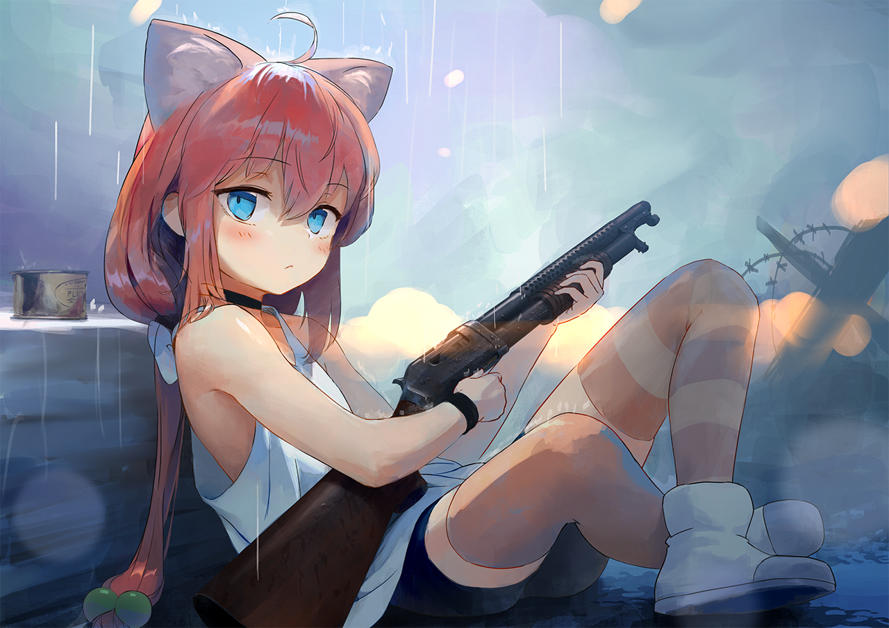 Nekomiya Hinata with Shotgun in Rain HD Wallpaper