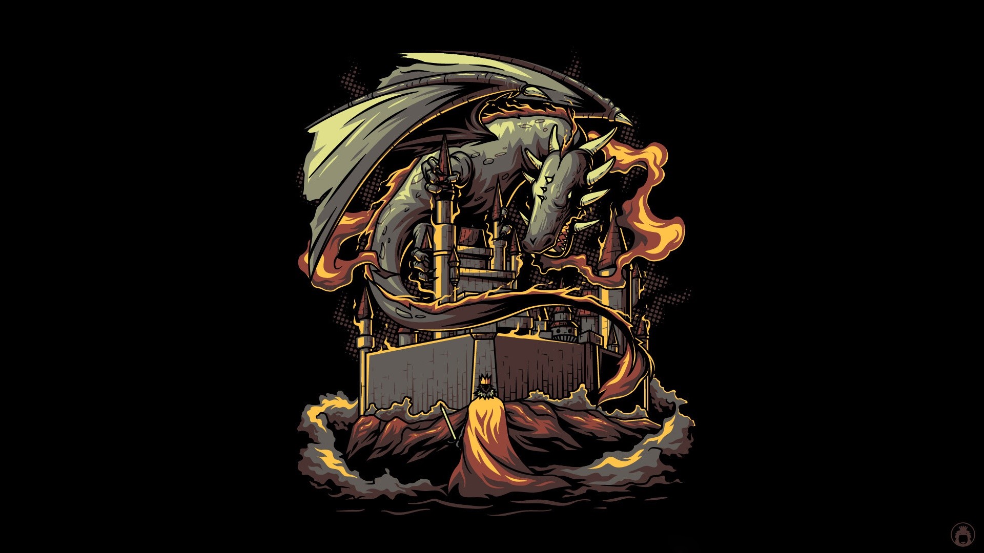 Dragon attacking a castle with a king HD Wallpaper