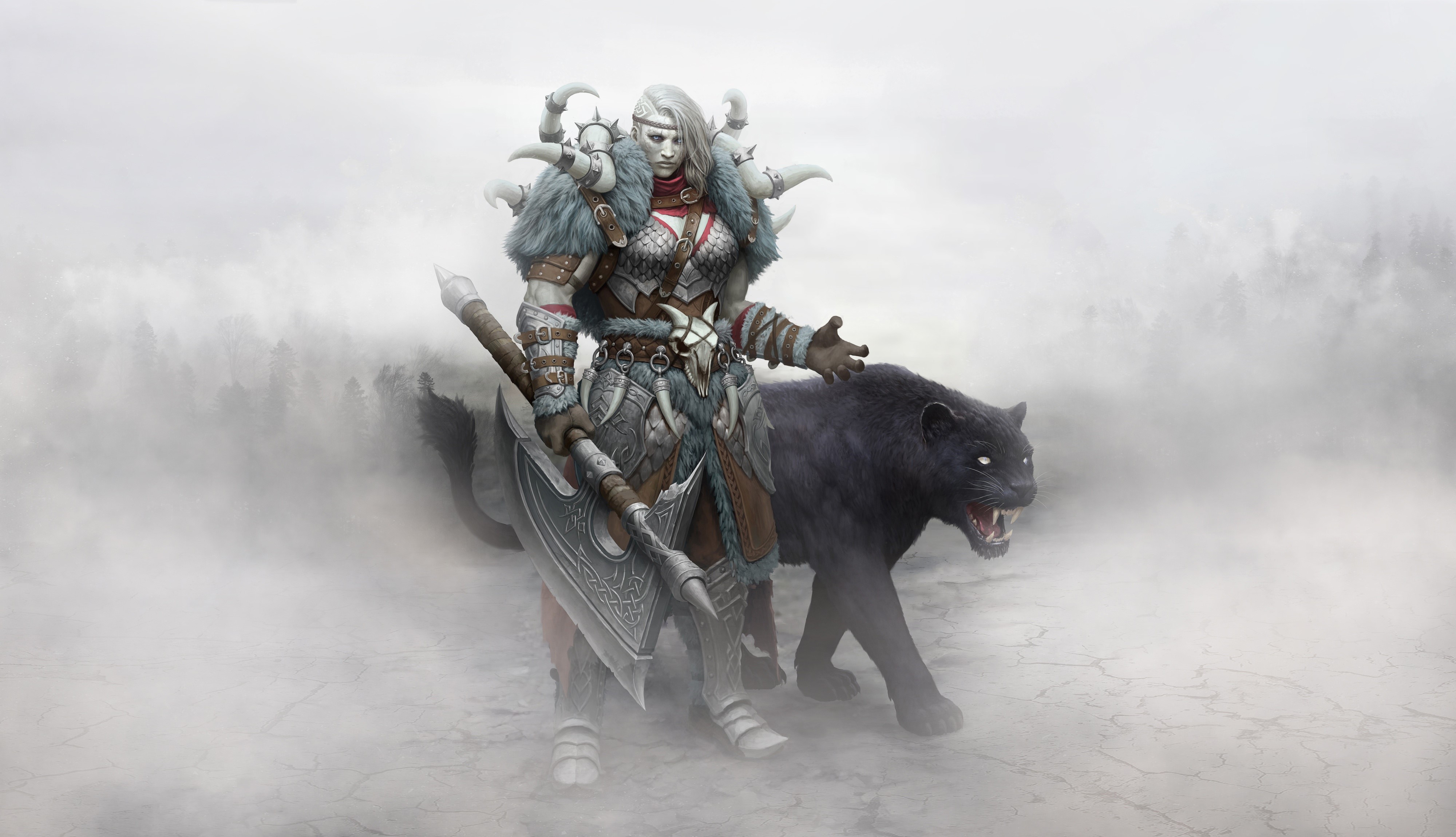 Fantasy warrior woman with axe and panther HD Wallpaper
