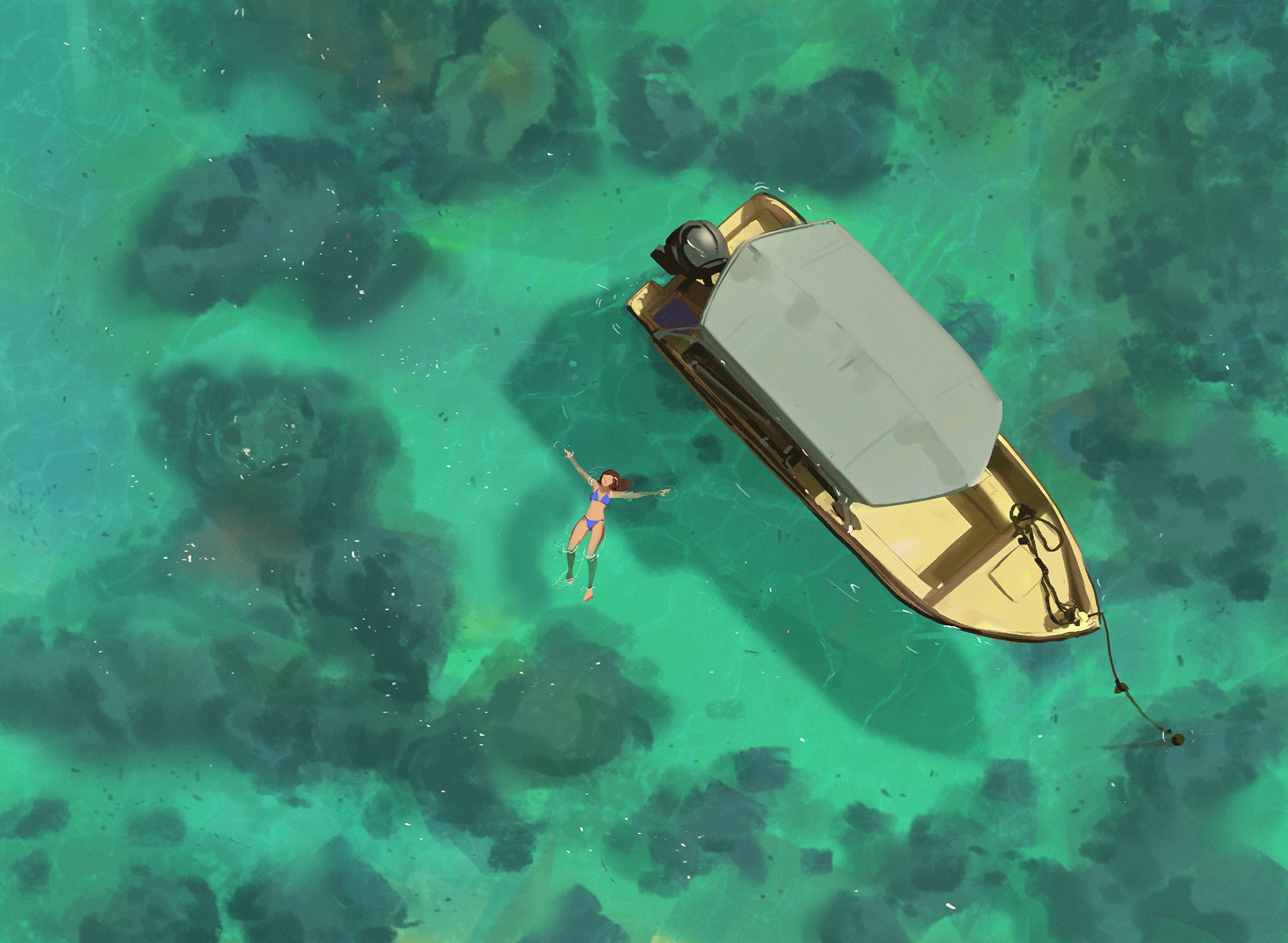 Woman floating in water next to a boat HD Wallpaper