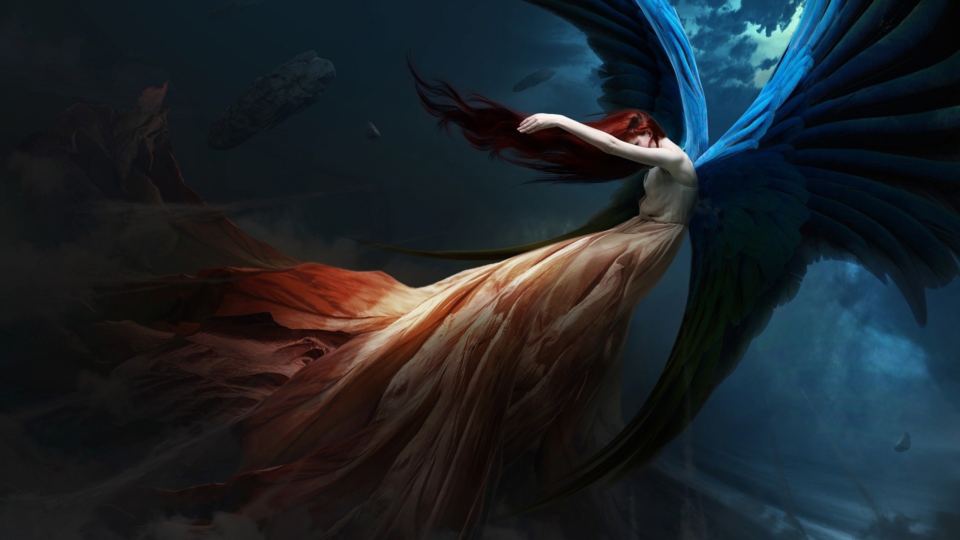 Fantasy angel with red hair and blue wings HD Wallpaper