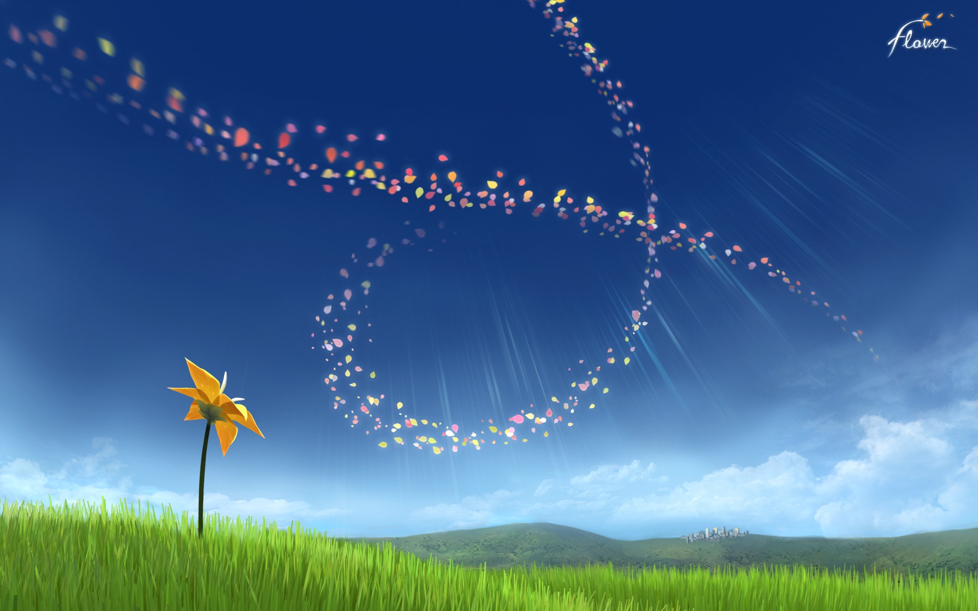 Flower game: yellow flower in a field with petals in the sky HD Wallpaper