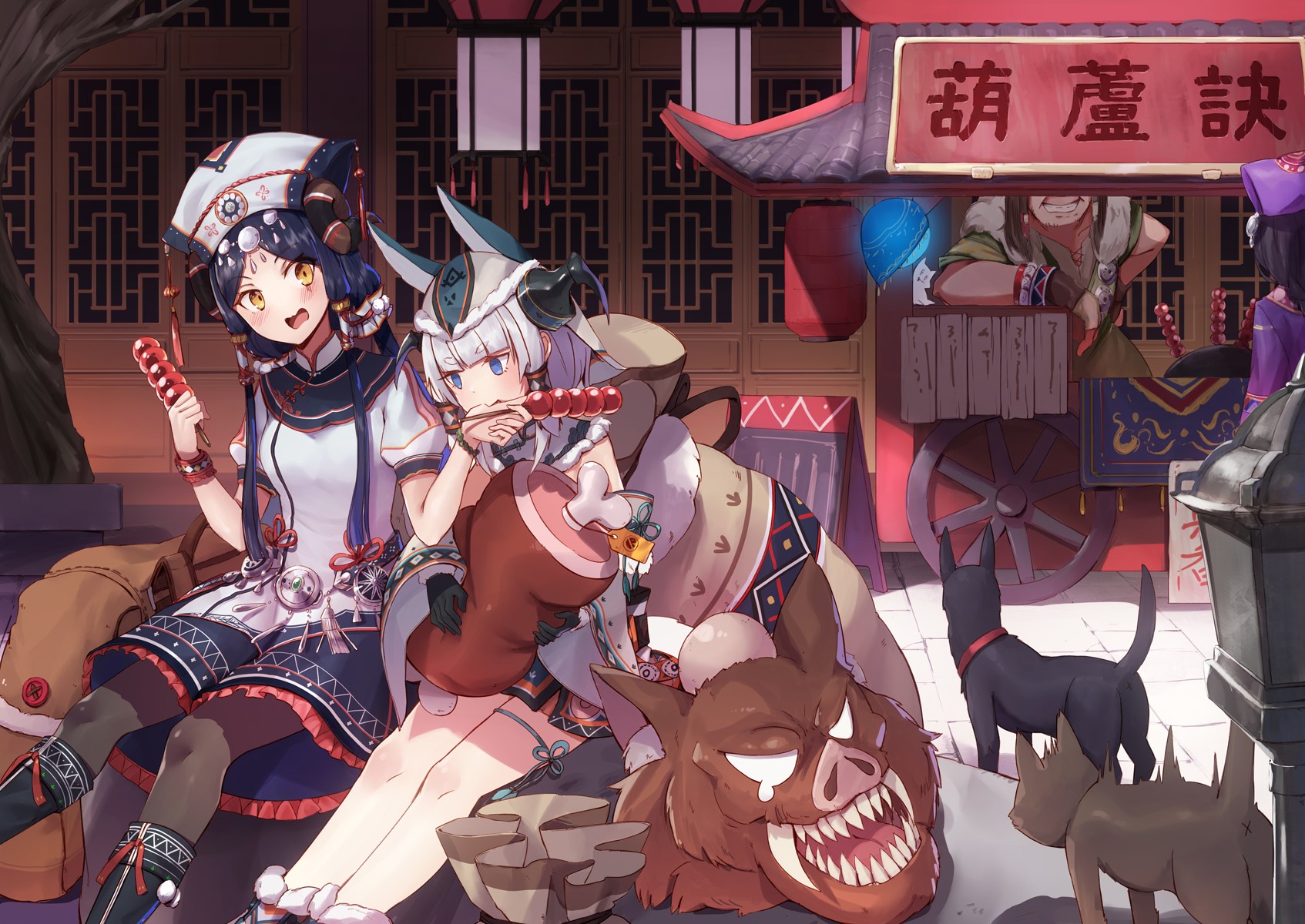 Anime girls eating candied fruit and meat at a stall HD Wallpaper