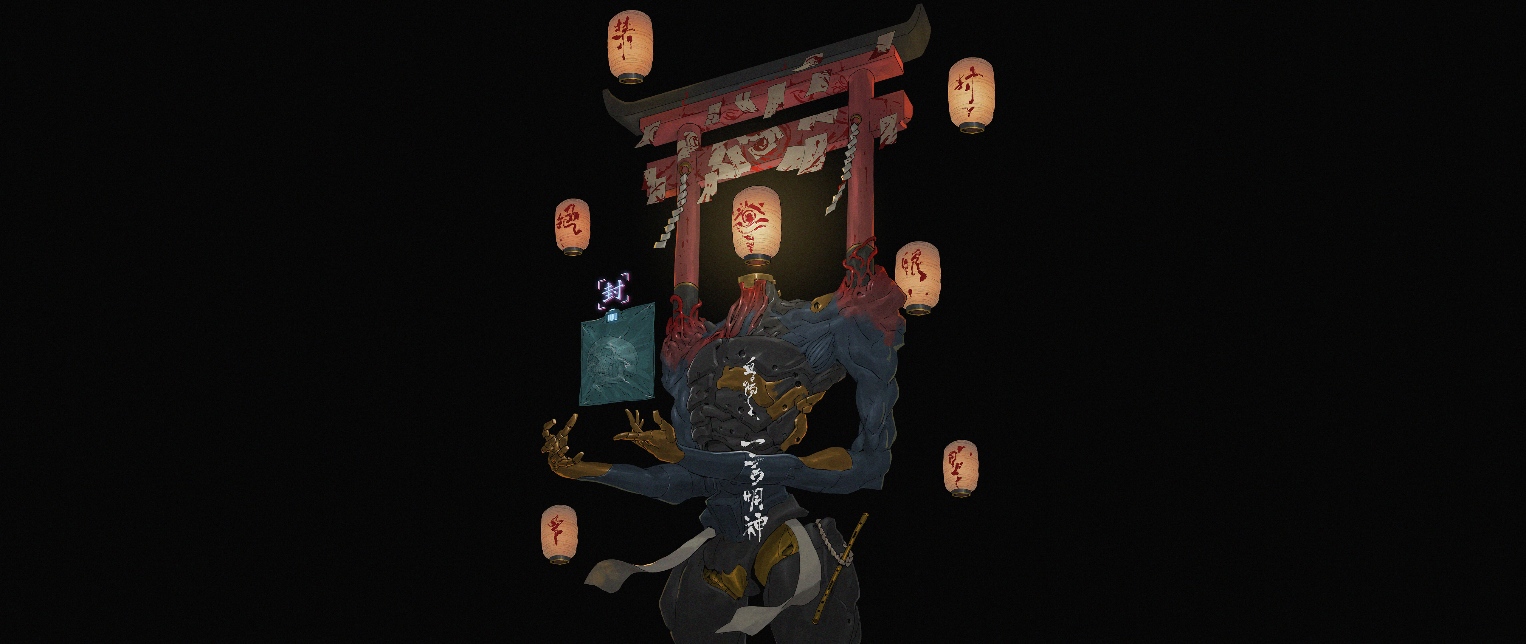 Undead creature with torii gate and lanterns HD Wallpaper