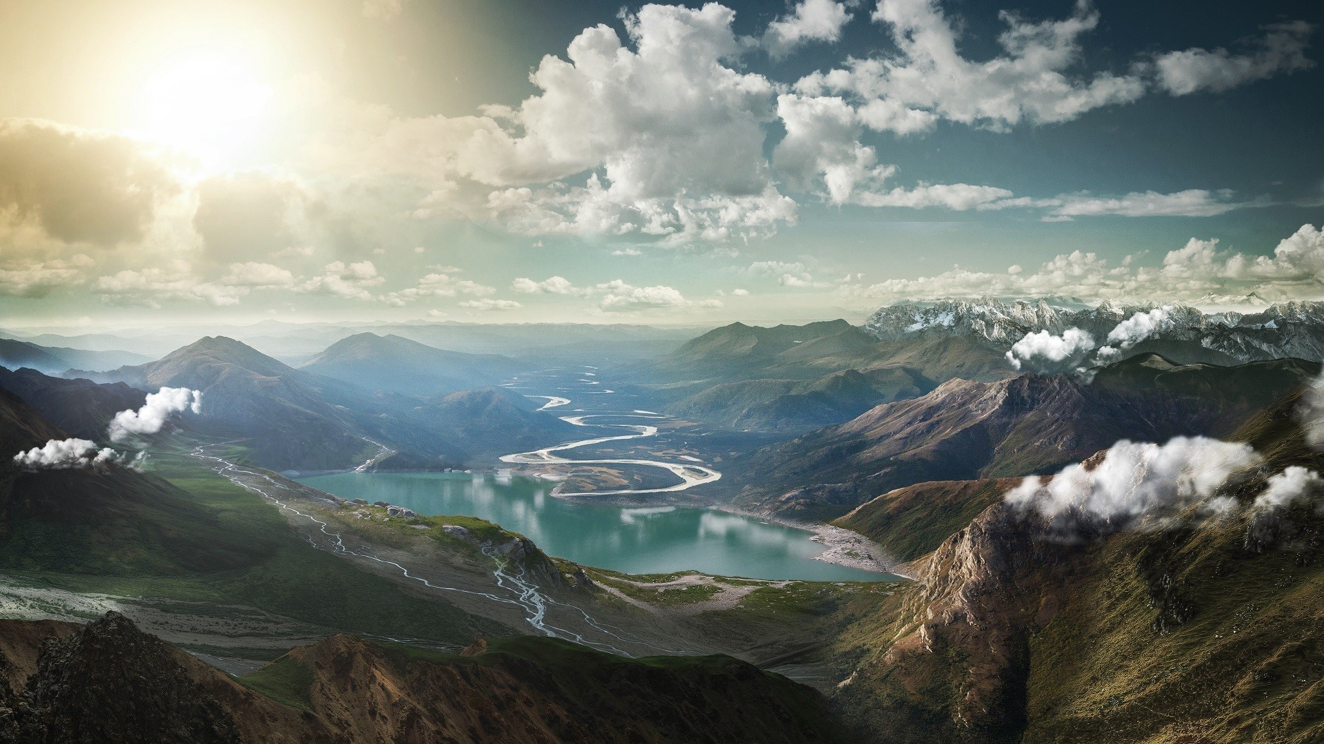 Majestic mountain range with a winding river and lake HD Wallpaper