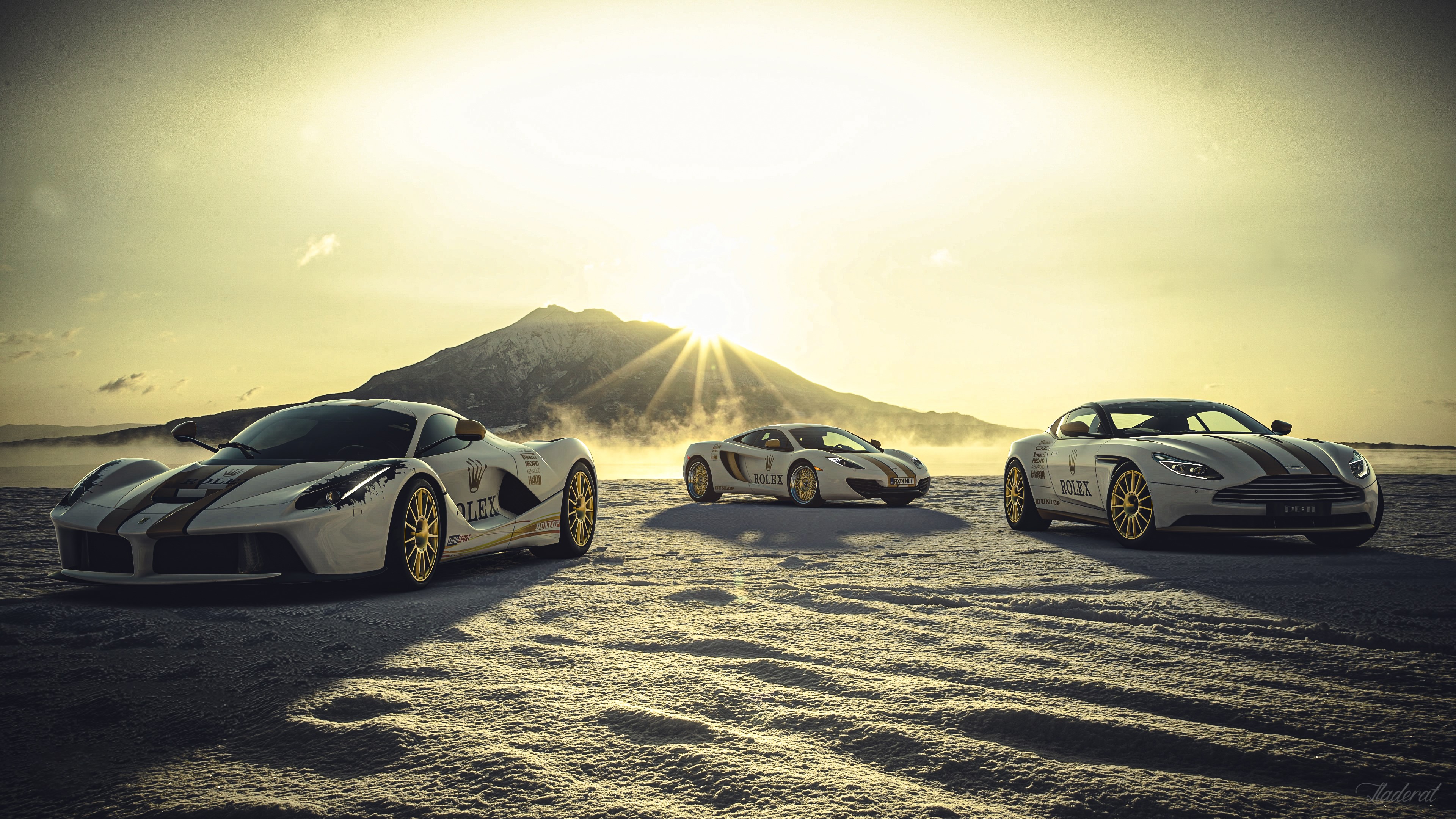 4K Sunset with Ferrari LaFerrari, McLaren MP4-12C, and Aston Martin DB11 HD Wallpaper