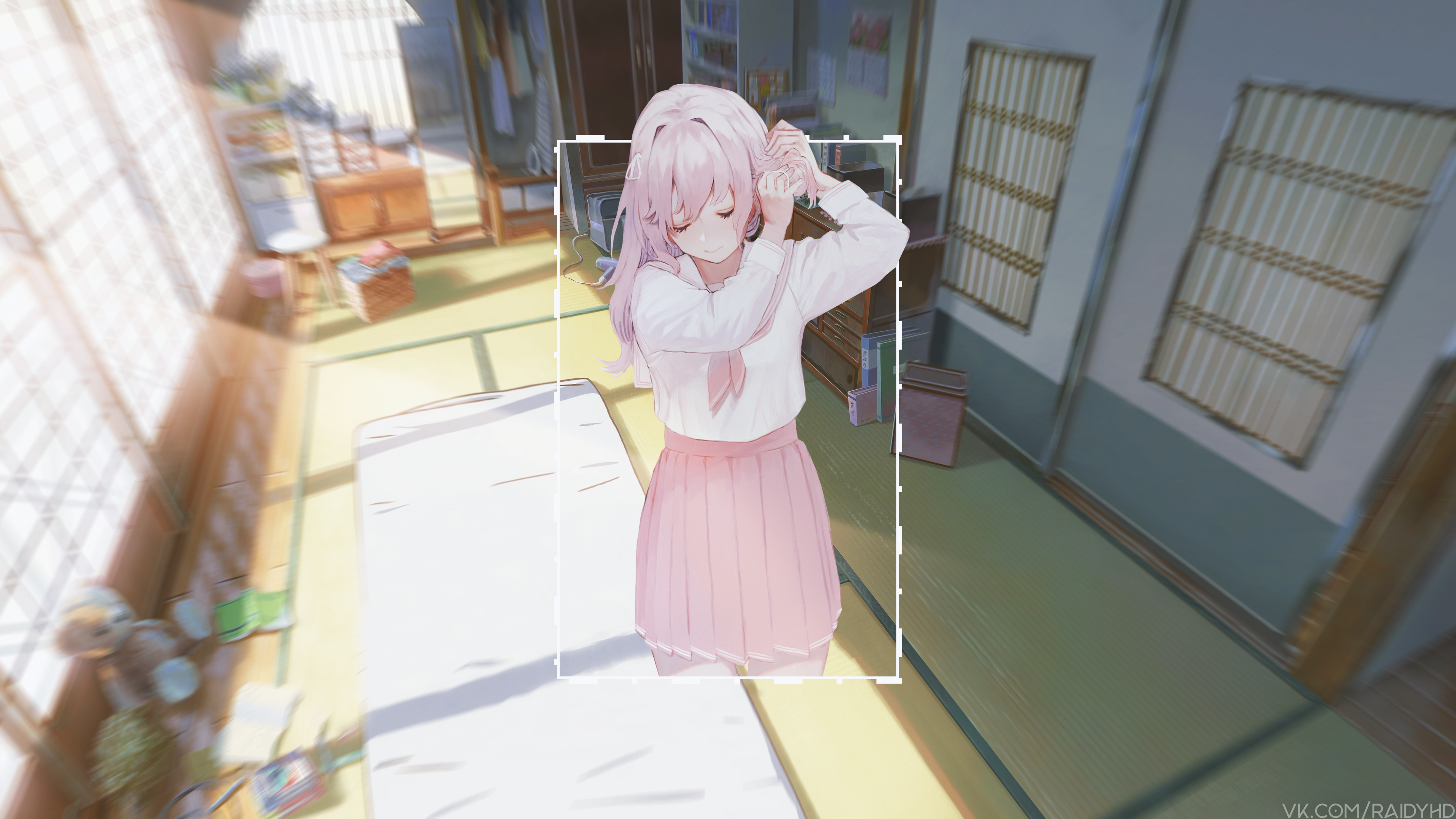 Anime girl with pink hair in a room HD Wallpaper