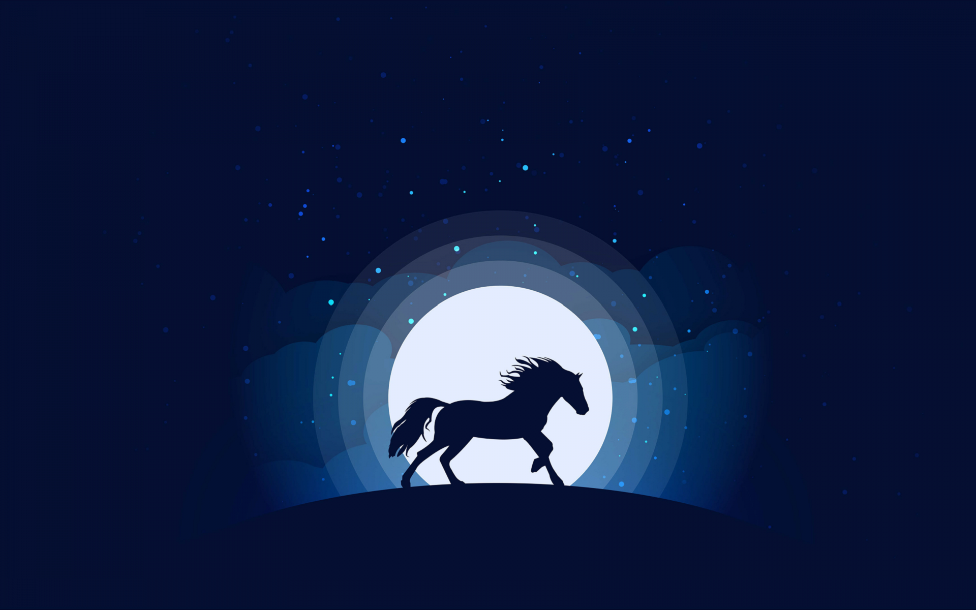 Silhouette of a horse running in front of a large moon with stars HD Wallpaper