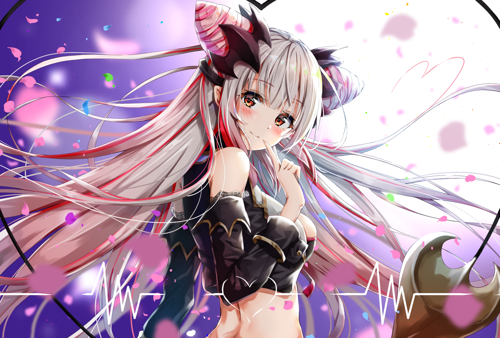 Anime girl with long white and red hair and horns HD Wallpaper