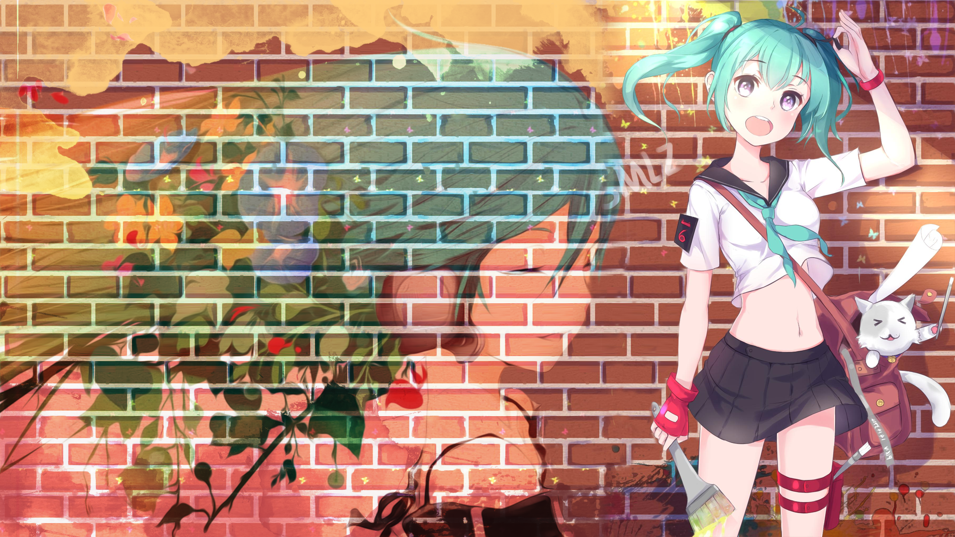 Anime girl with teal pigtails and a cat bag HD Wallpaper