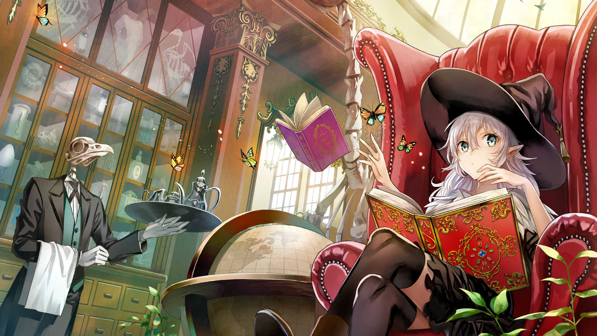 Anime witch reading a book in a library with a bird-headed butler HD Wallpaper