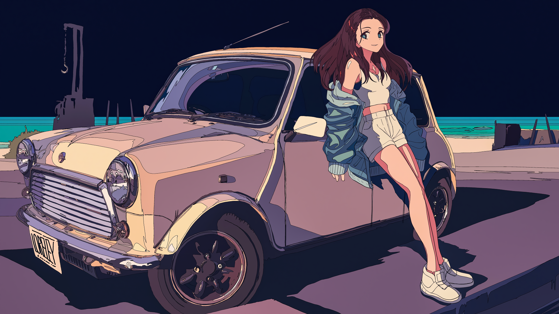 Anime girl leaning on a classic Mini Cooper by the sea HD Wallpaper