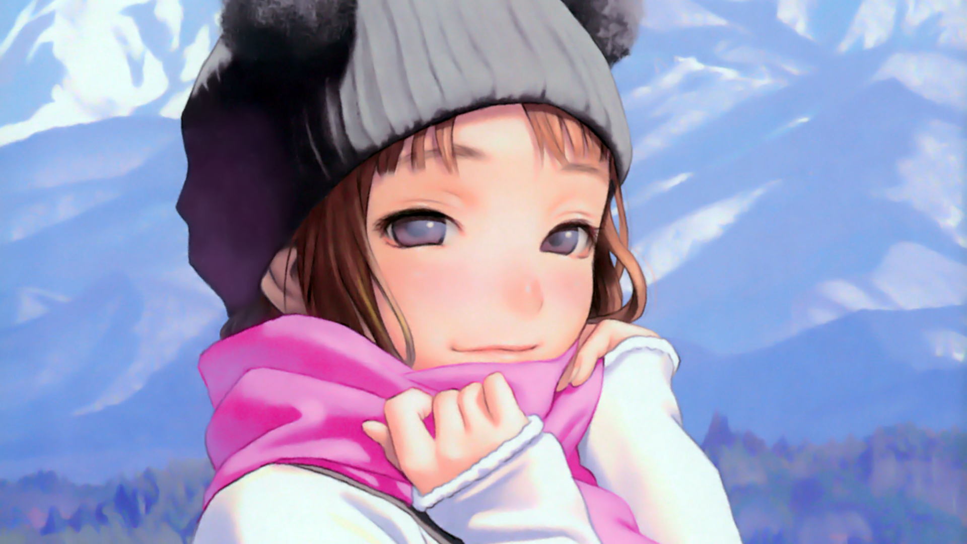 Anime girl in winter hat and scarf in mountains HD Wallpaper