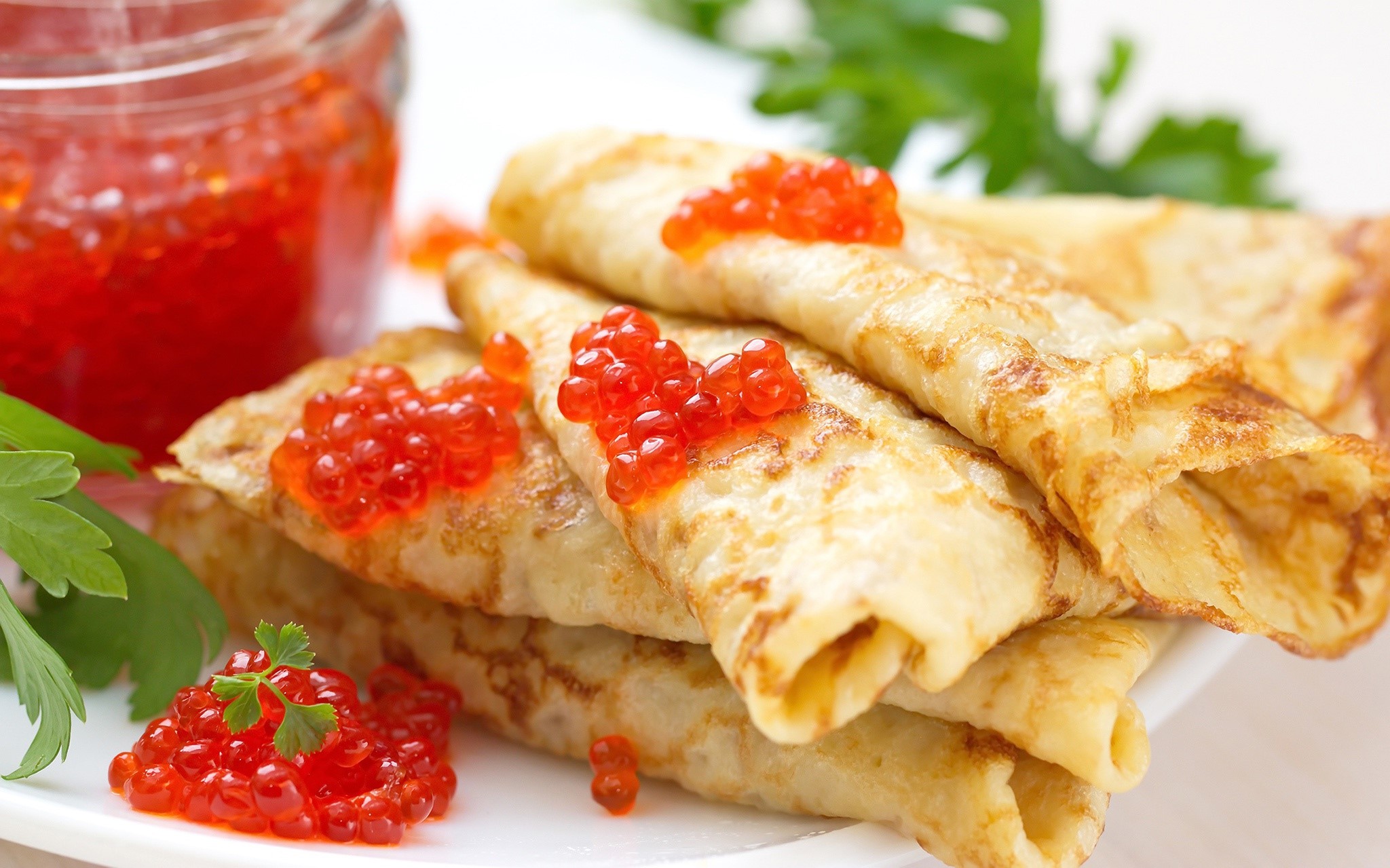 Crepes with red caviar and parsley HD Wallpaper