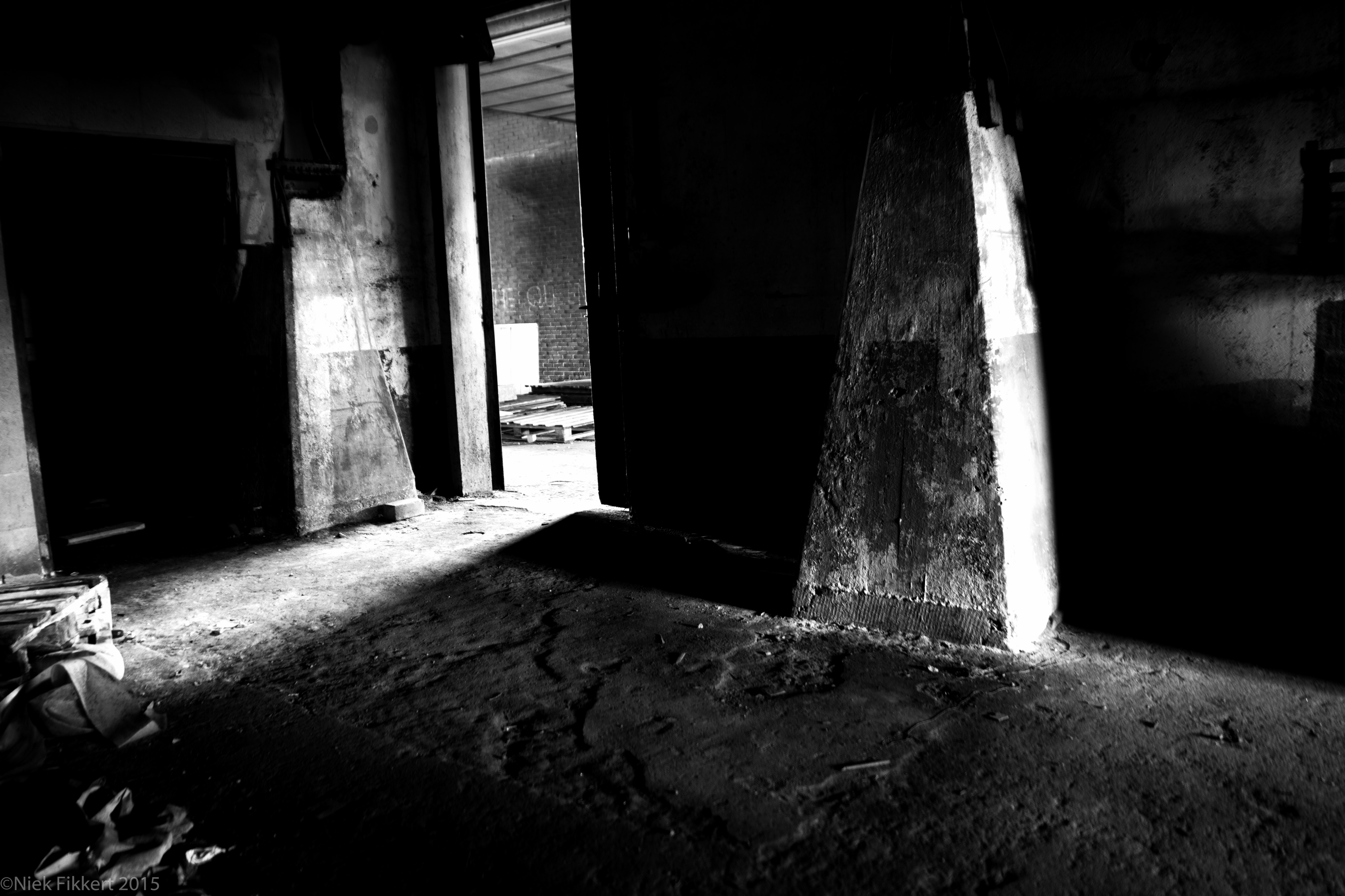Monochrome factory interior with light and shadow HD Wallpaper