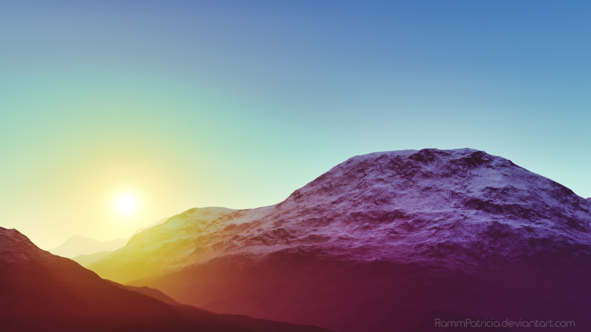Snowy mountains at sunset with sun HD Wallpaper