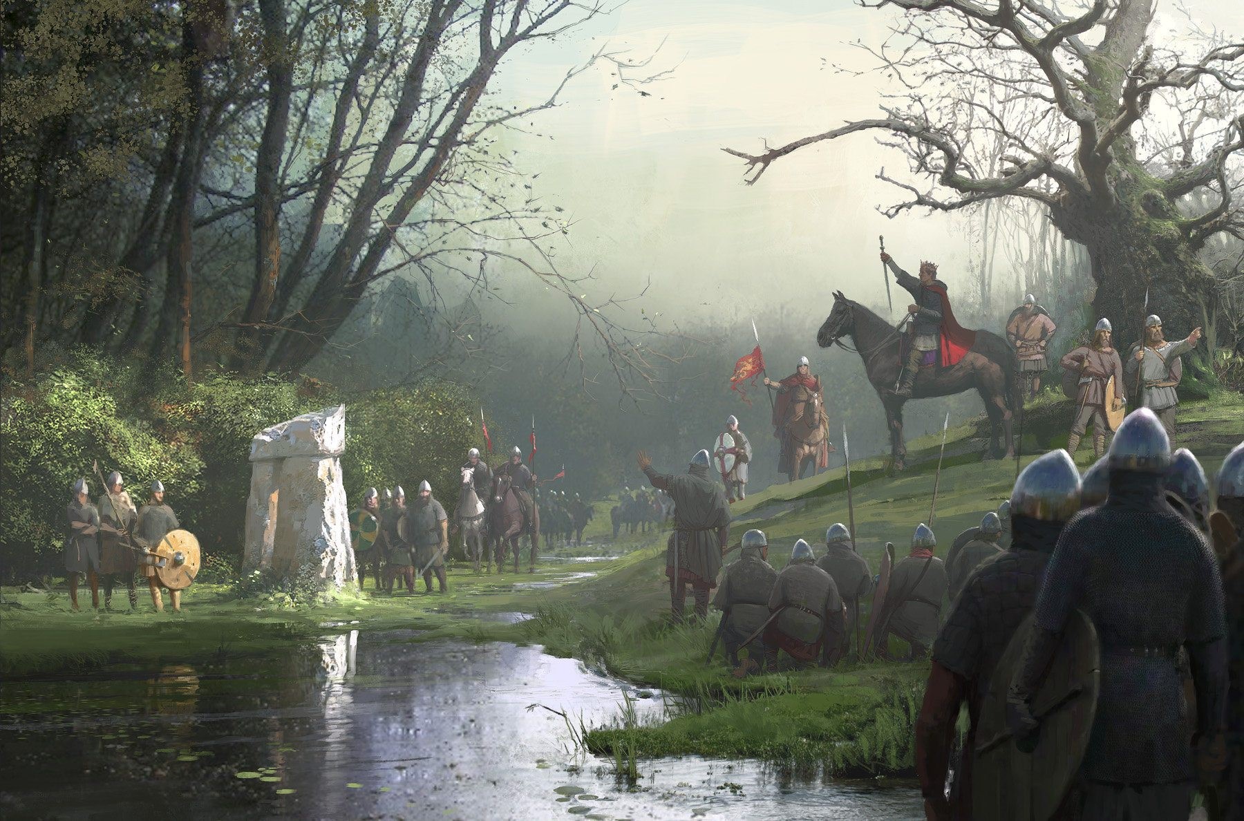 Soldiers and a king on horseback in a forest by a river HD Wallpaper