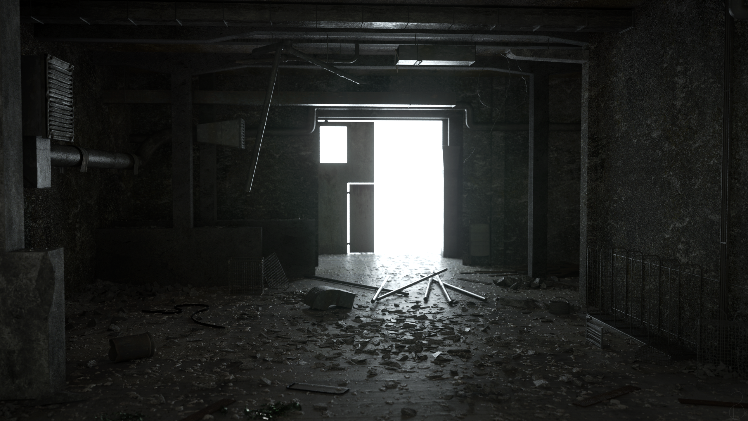 Abandoned factory interior with debris and bright doorway HD Wallpaper