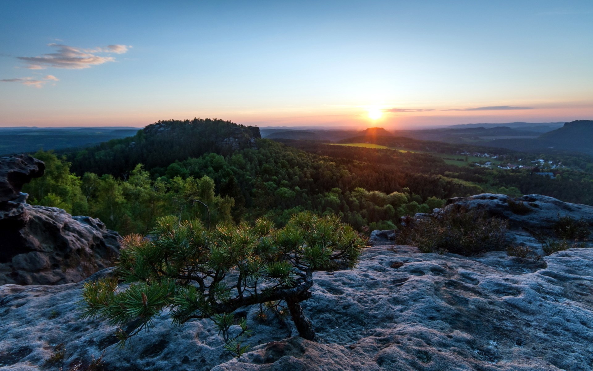 Sunrise over a forested mountain landscape with rocky foreground HD Wallpaper