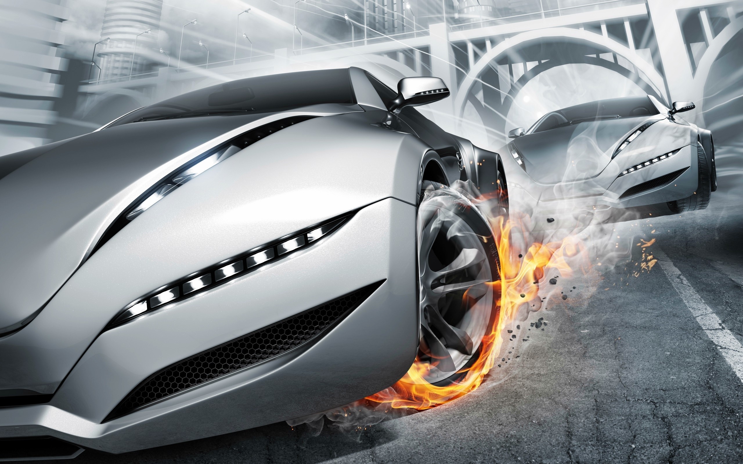 Two futuristic cars racing with fire and smoke HD Wallpaper