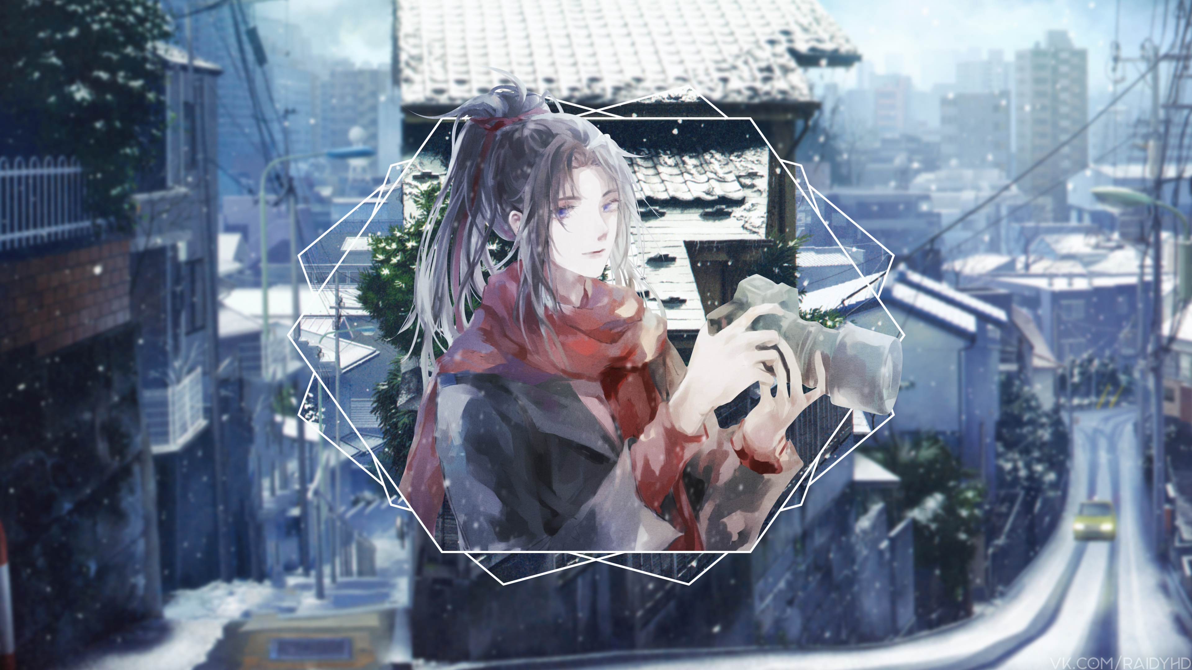 Anime boy with camera in snowy town HD Wallpaper