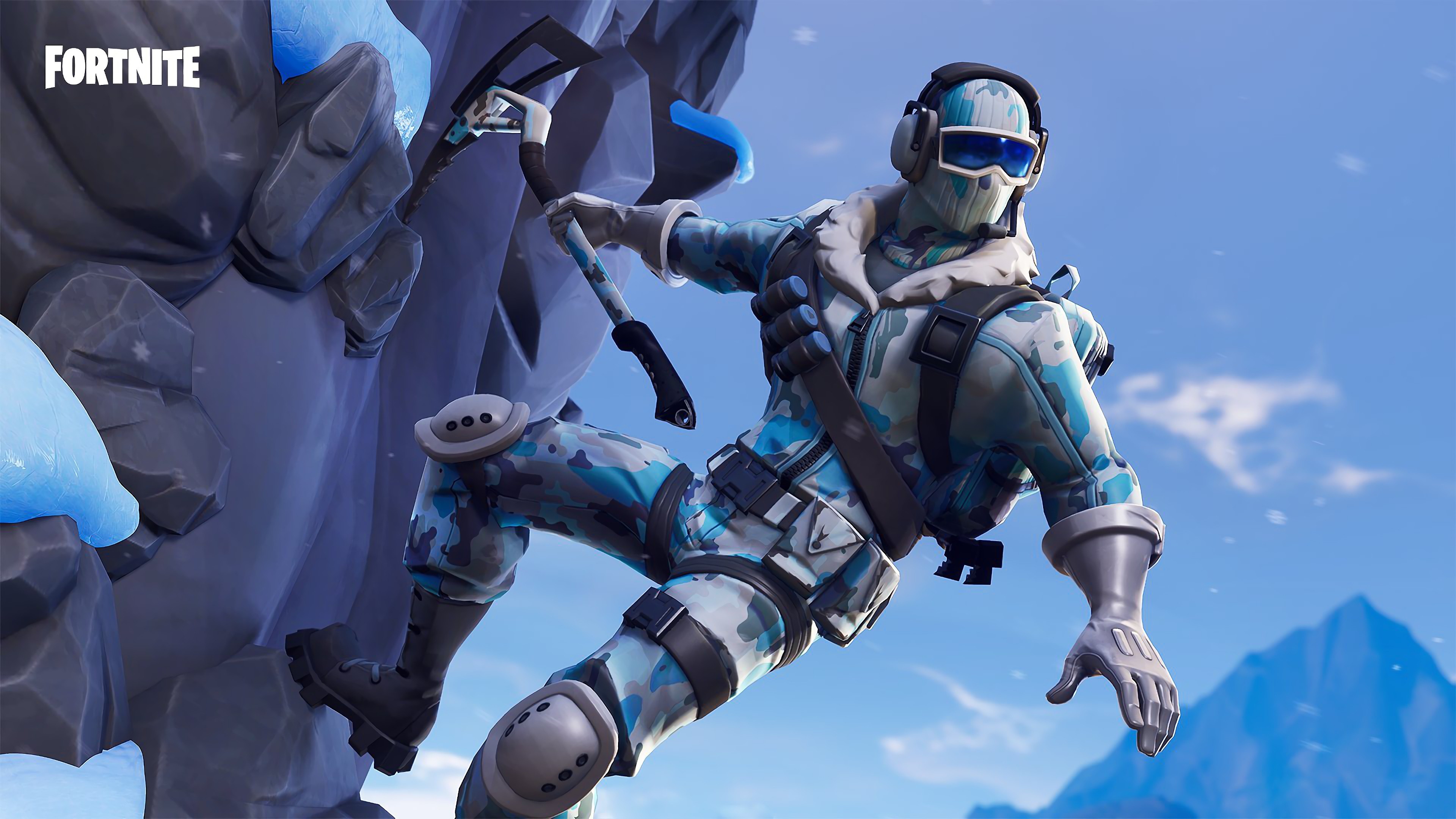Fortnite character climbing icy mountain HD Wallpaper