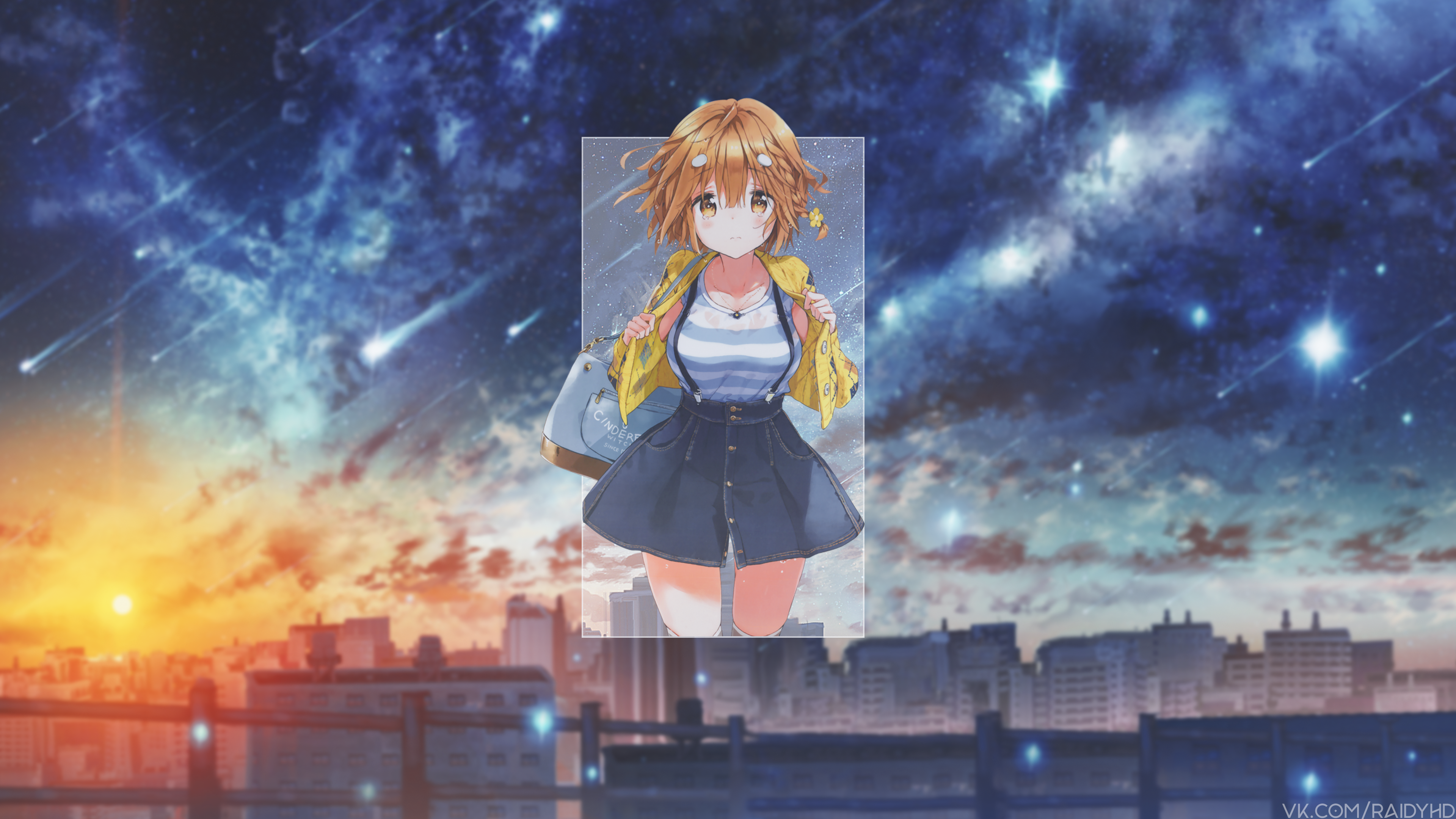 Anime girl in a denim skirt and yellow jacket with a starry sky HD Wallpaper