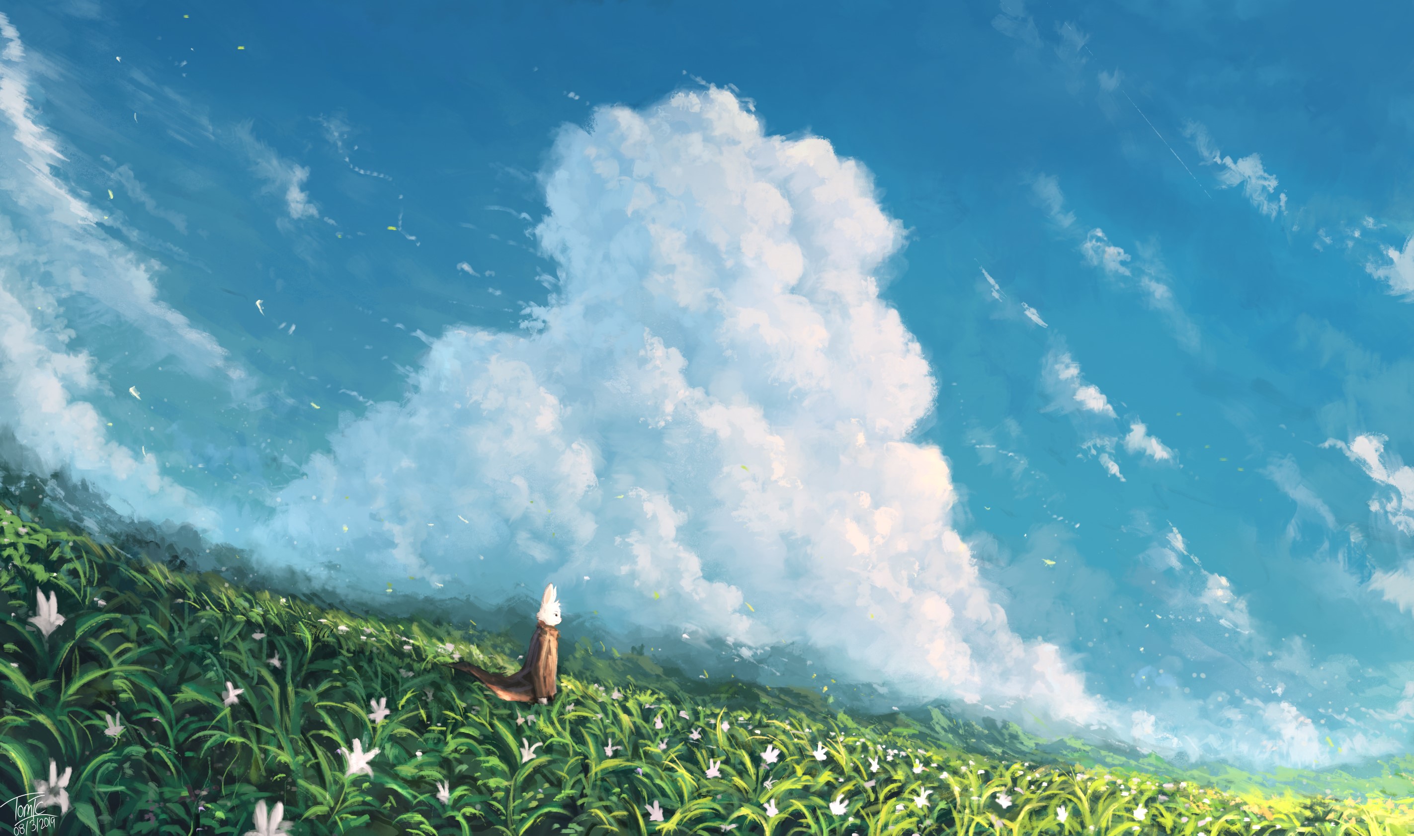 White Rabbit in a field of flowers under a cloudy sky HD Wallpaper