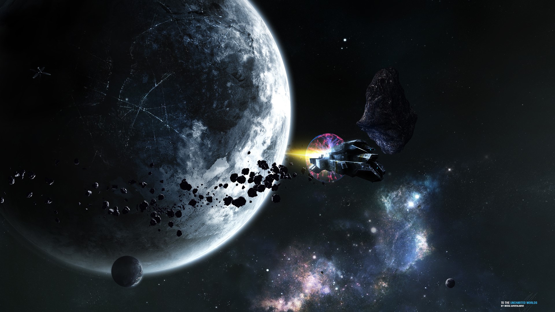 Futuristic spaceship near a planet and asteroids HD Wallpaper