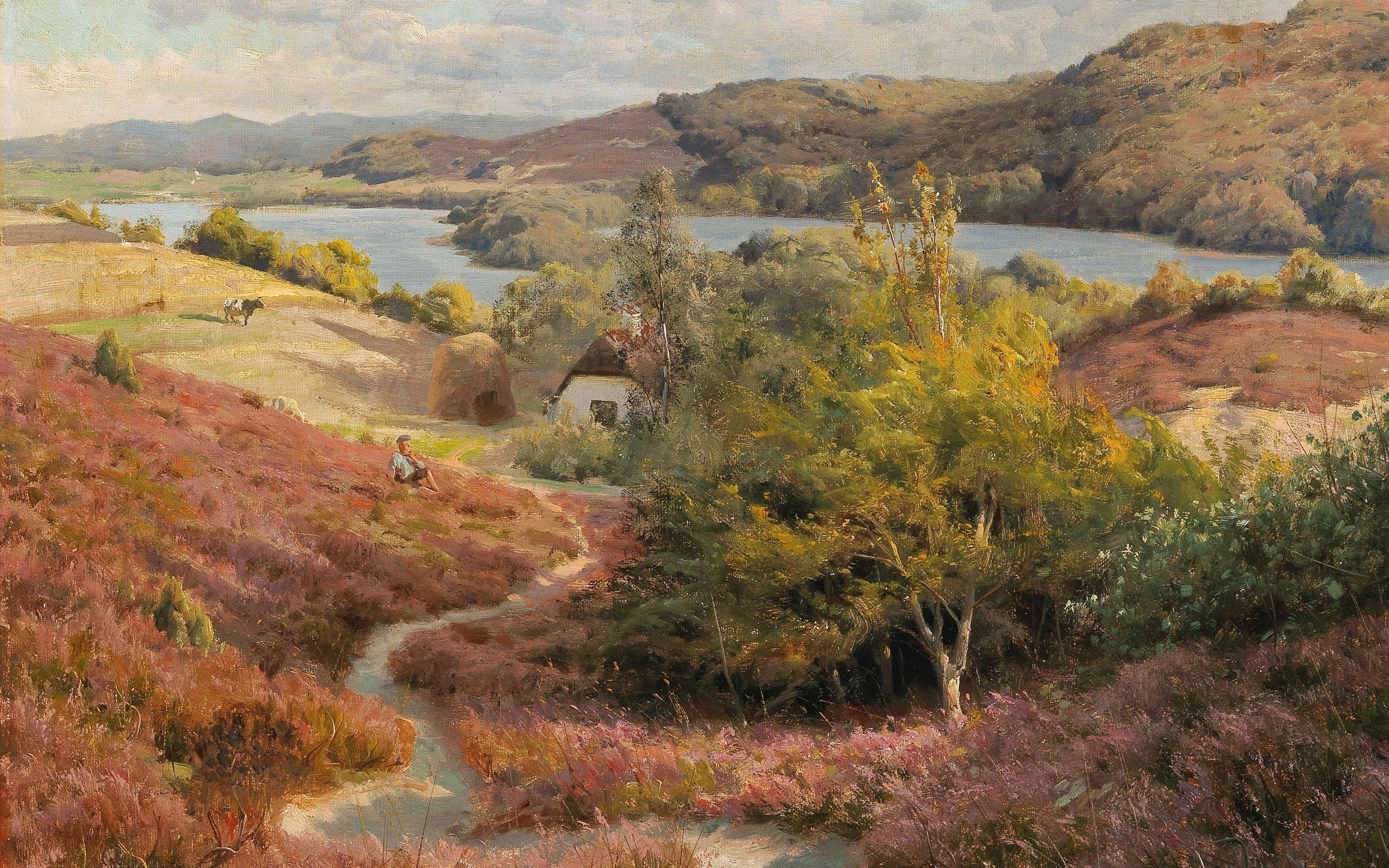 Landscape with Heather and Lake by Peter Mörk Mönsted HD Wallpaper