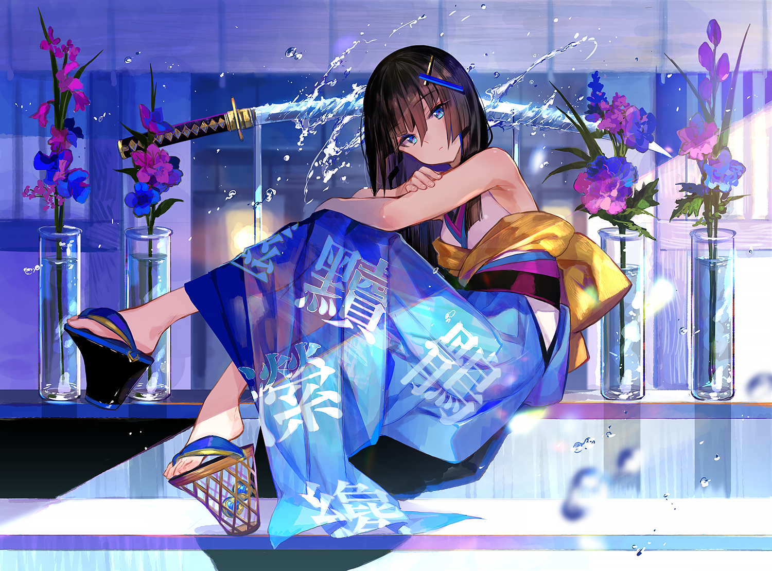 Anime girl with katana and flowers HD Wallpaper