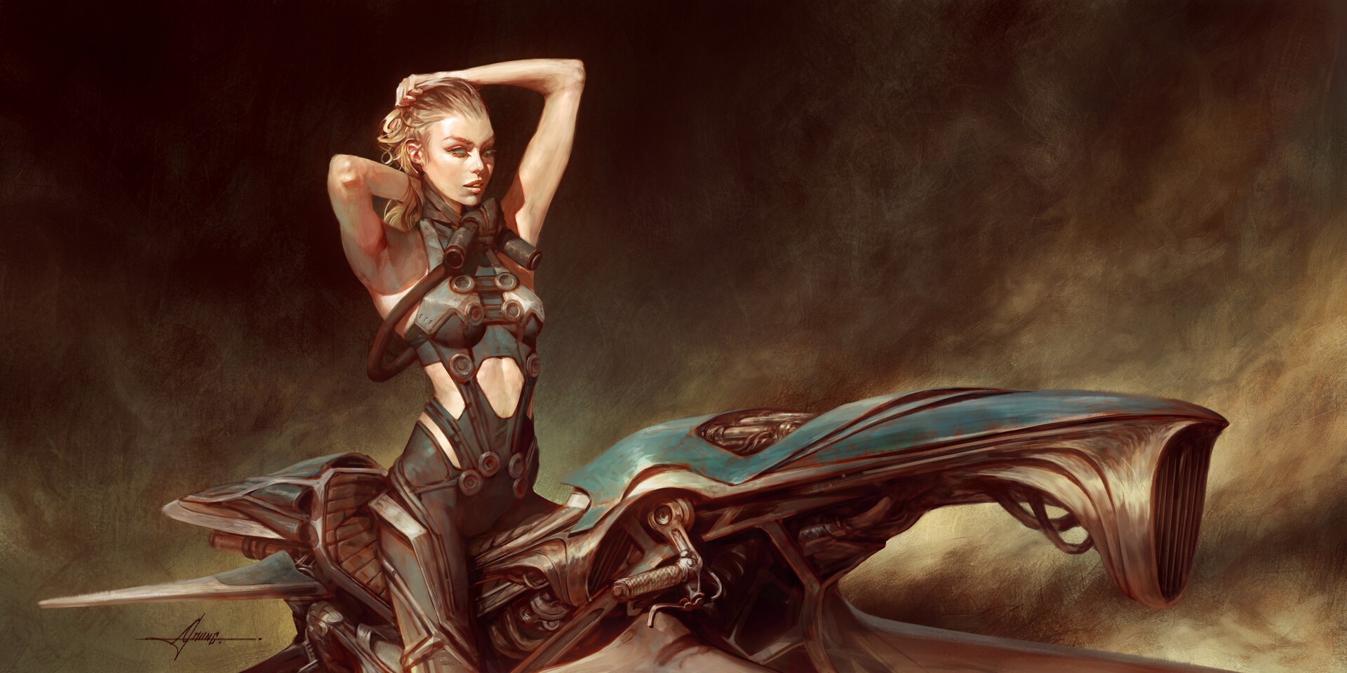Woman in futuristic armor on a sci-fi vehicle HD Wallpaper