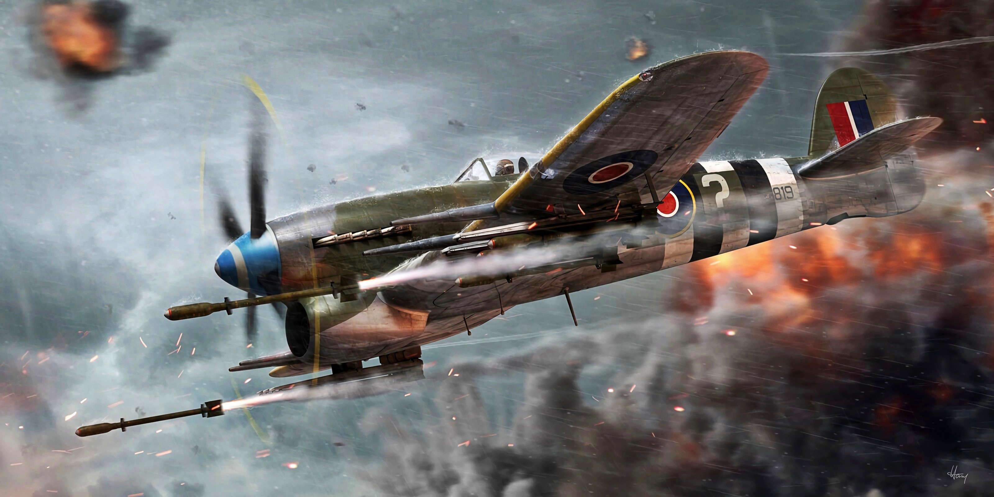 Hawker Typhoon aircraft firing rockets in battle HD Wallpaper