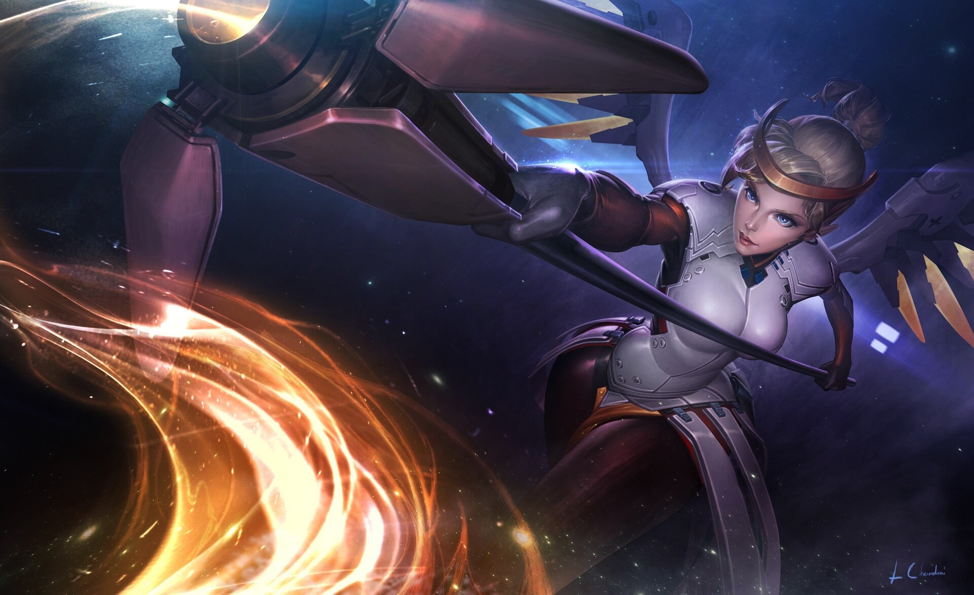 Mercy from Overwatch holding a staff with energy effects HD Wallpaper
