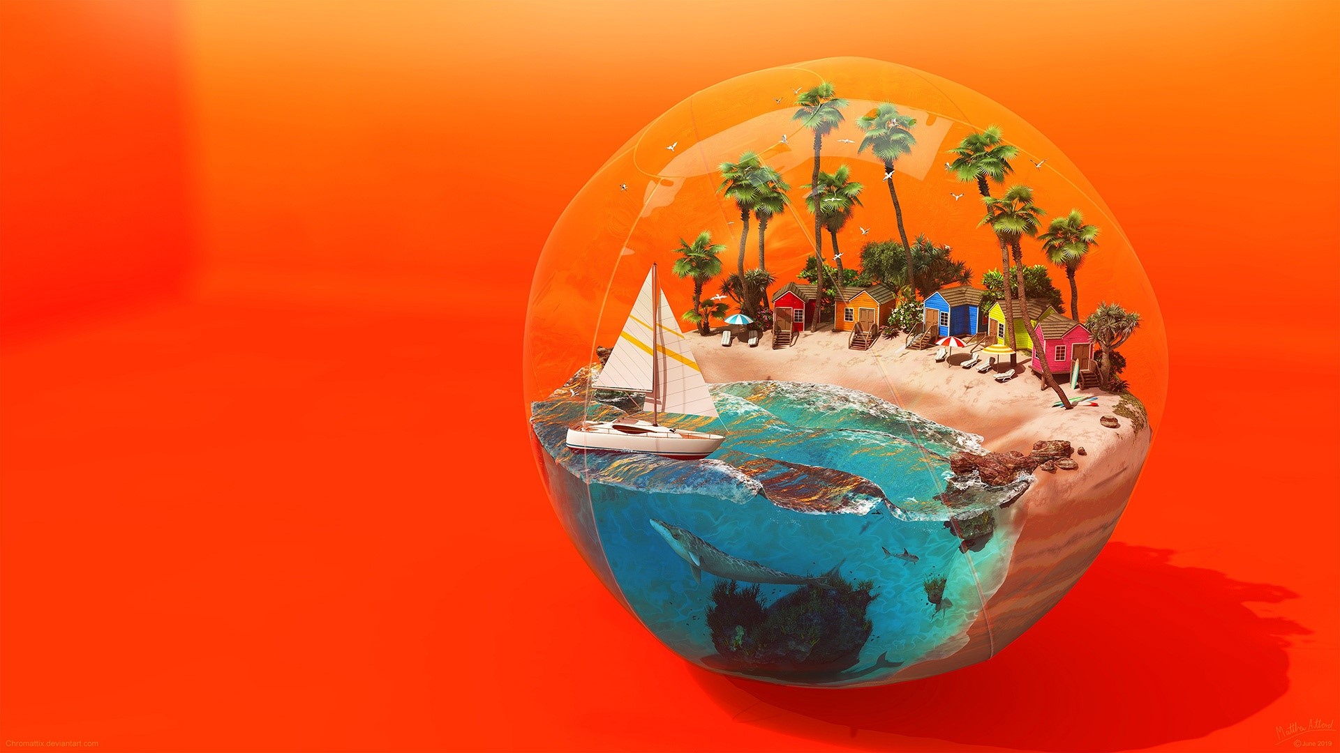 Digital art of a tropical island inside a sphere HD Wallpaper