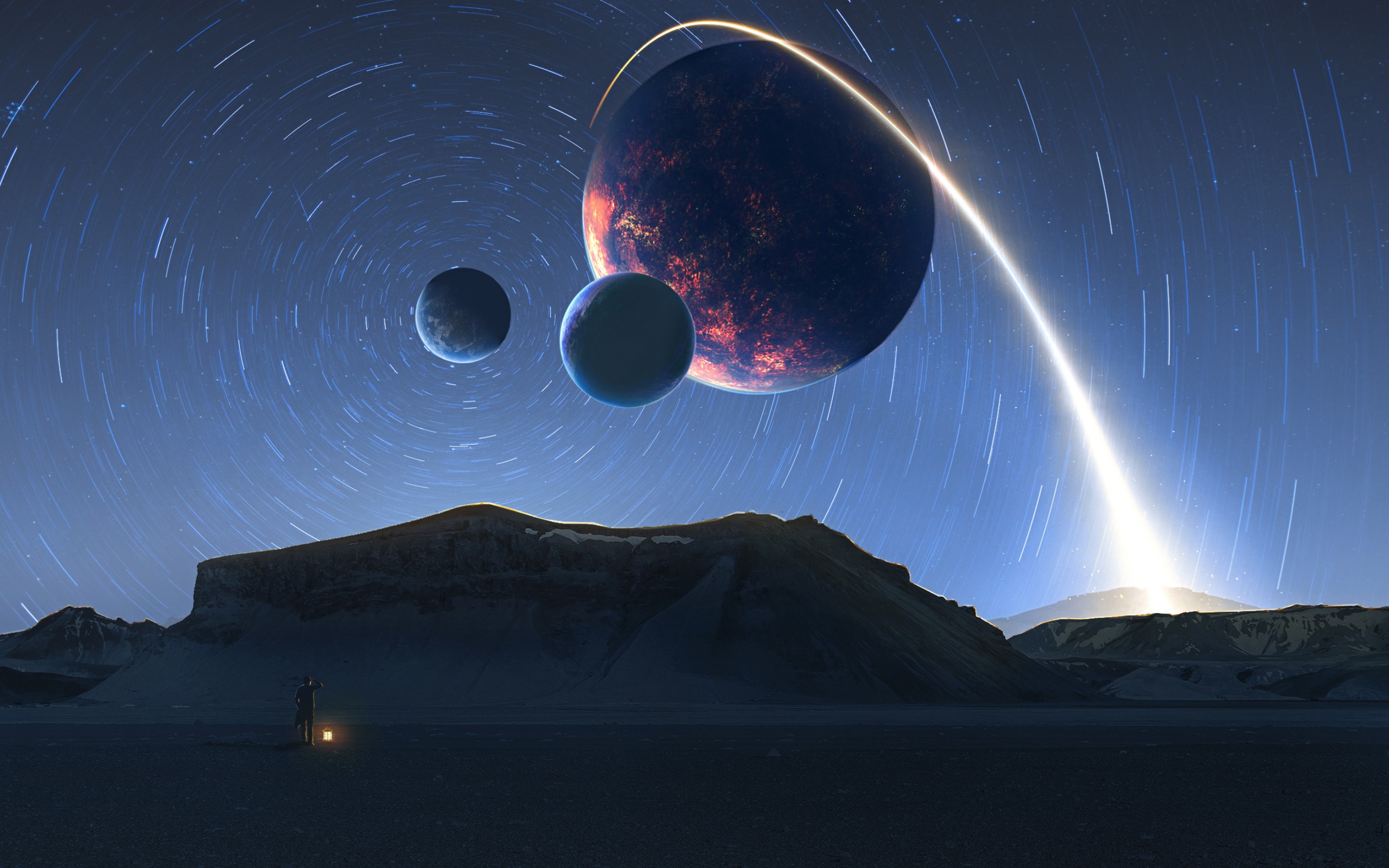 Astronaut with lantern under alien planets and star trails HD Wallpaper
