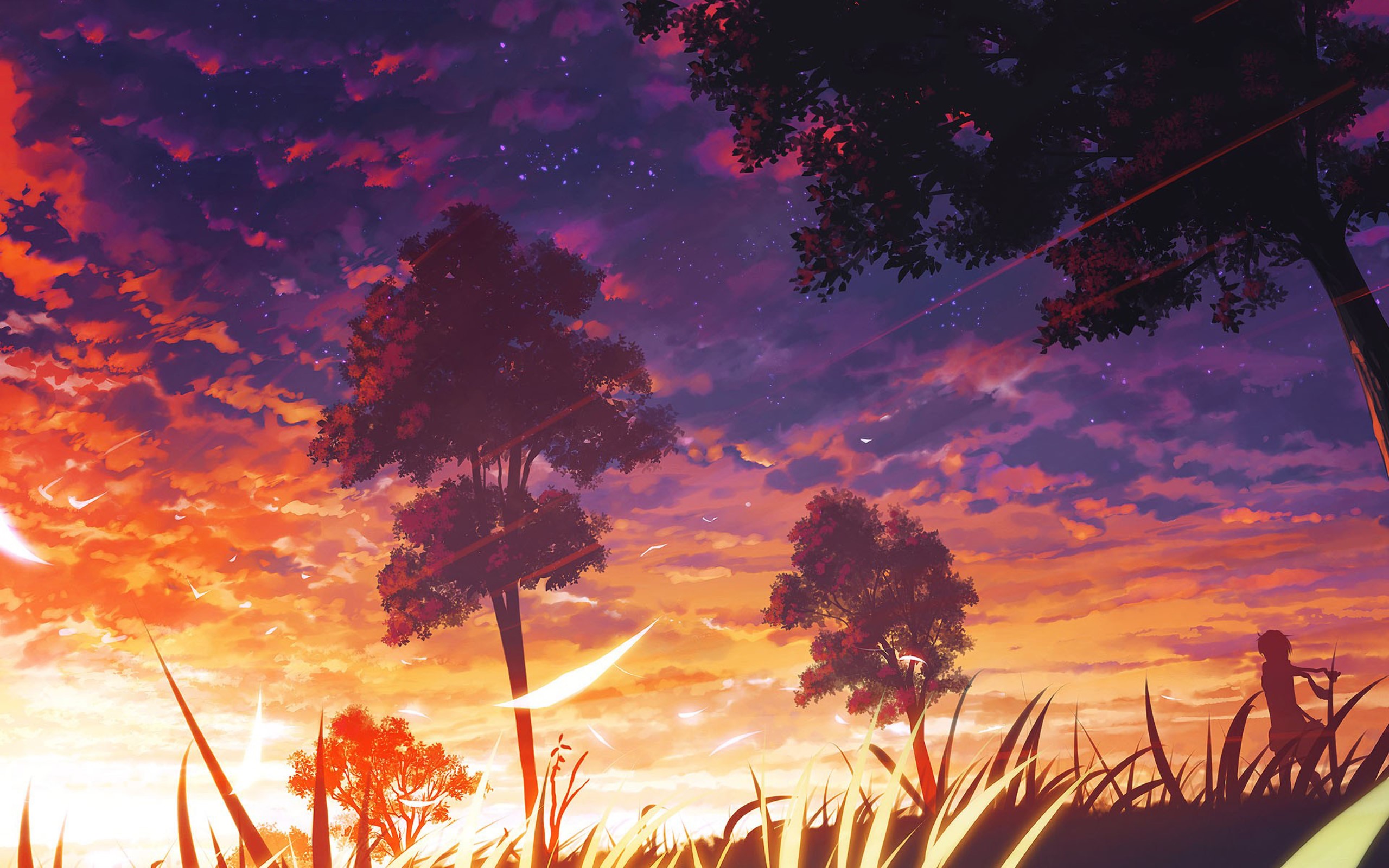 Anime landscape with trees and sunset HD Wallpaper