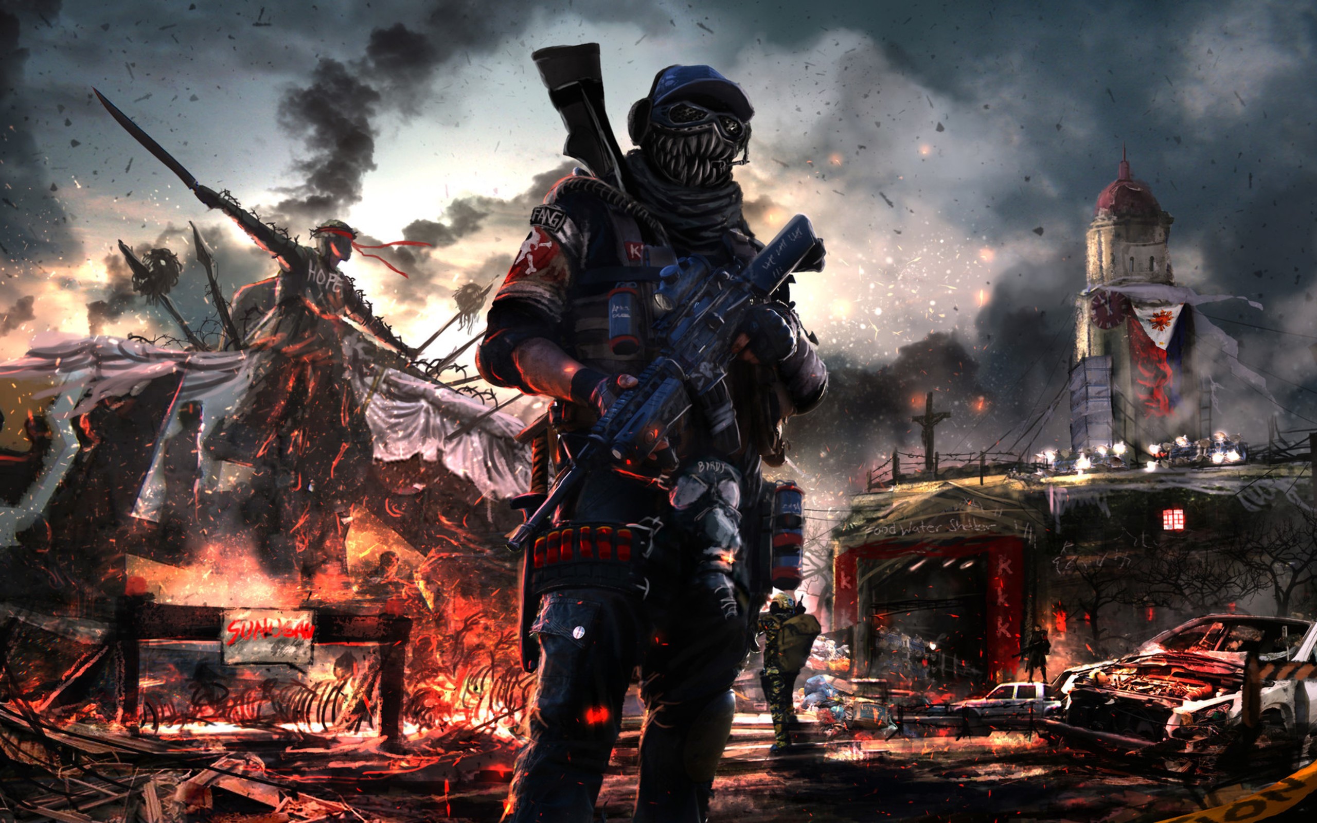 Apocalyptic soldier with rifle in war-torn city HD Wallpaper